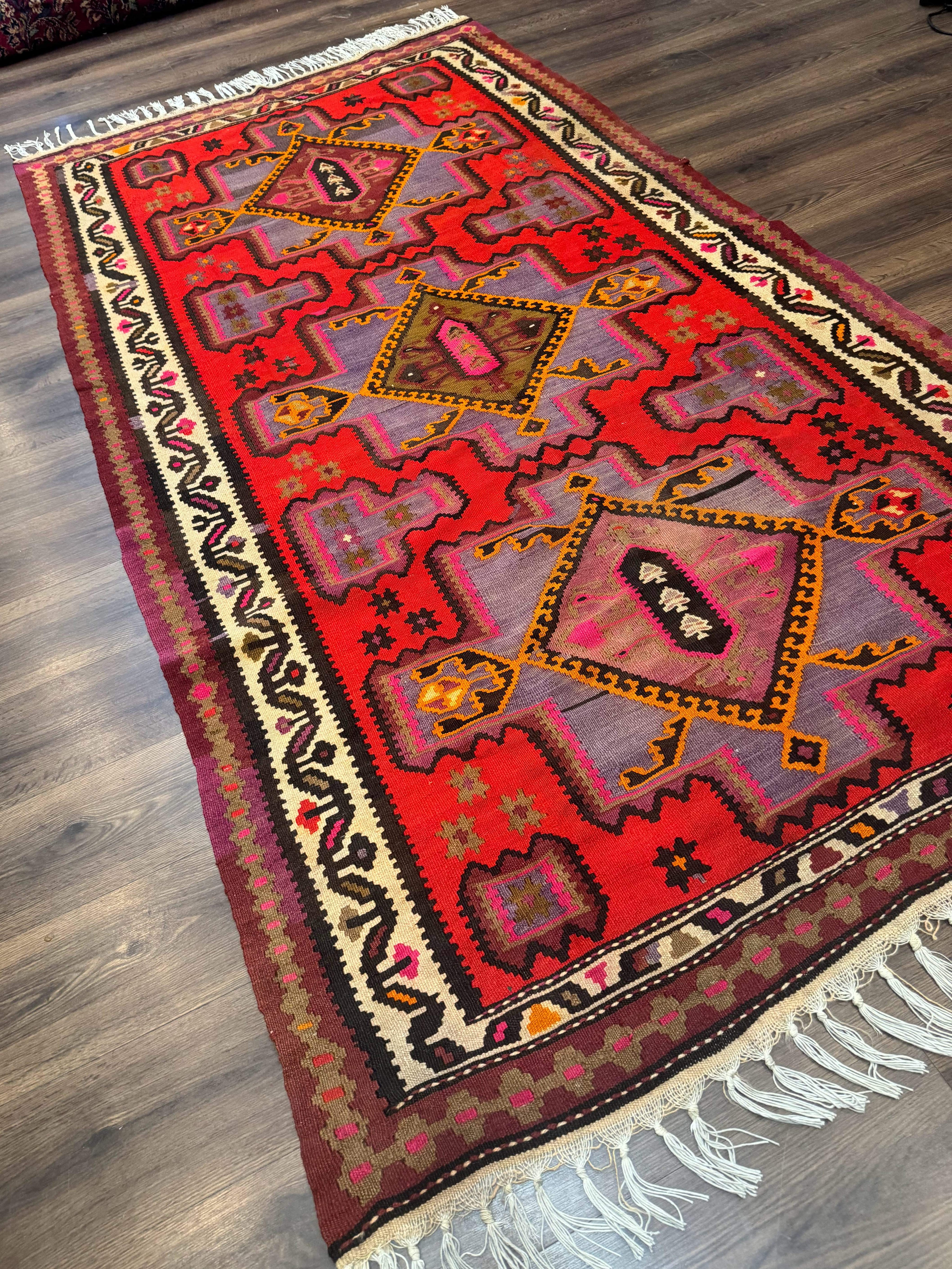 Persian Kurdish Zarand Kilim Rug 5x9, Red, Geometric Medallions, Wide Runner