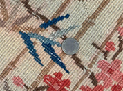 Antique Chinese Oval Rug 3.9 x 6.7, Floral, Butterflies, Chinese Wool Art Deco Peking Carpet, Beige, Handmade