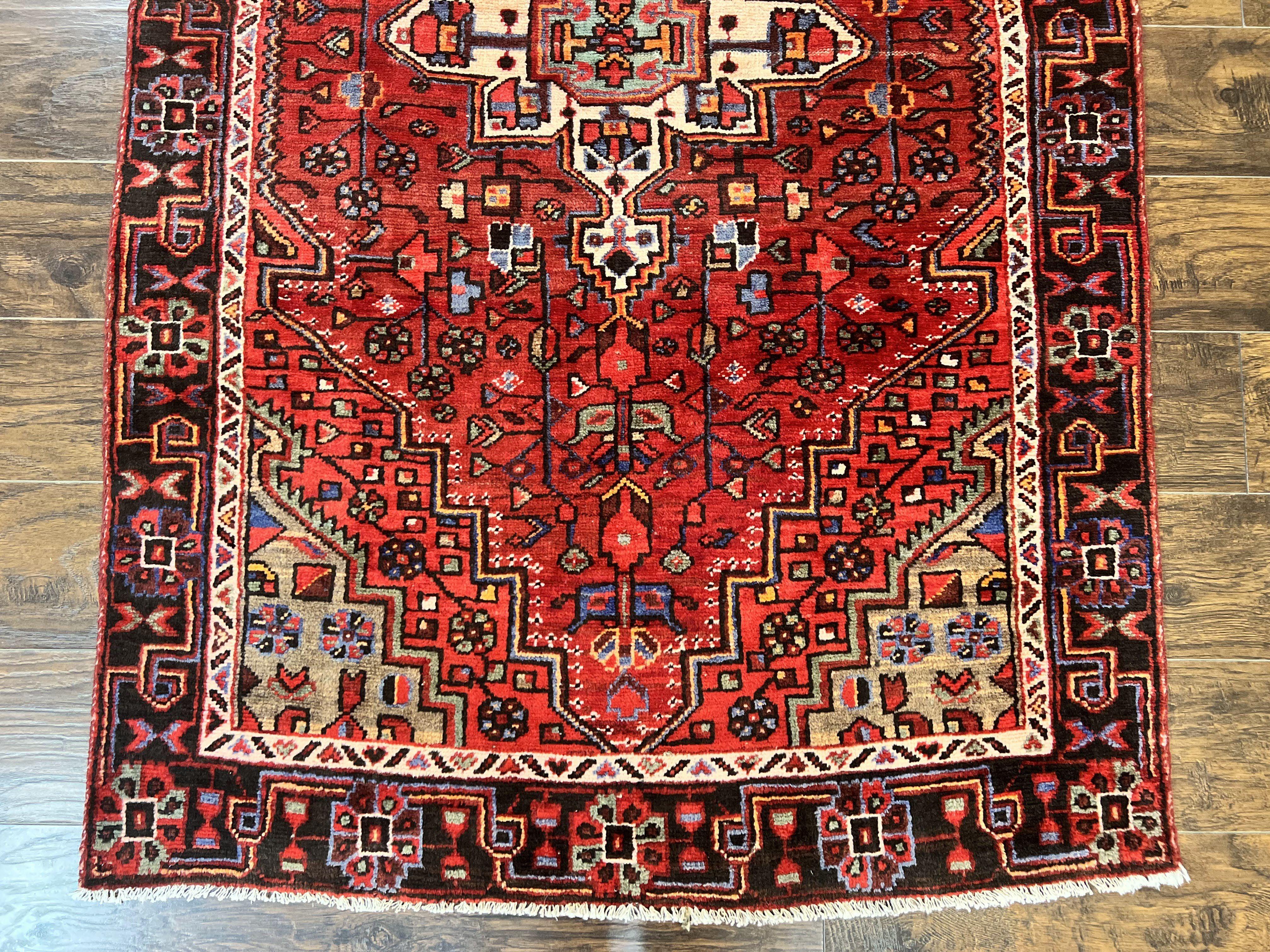 Antique Persian Tribal Rug 4x7, Red, Geometric Medallion, Handmade, Wool, Persian Zanjan Rug