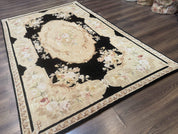 Chinese Aubusson Rug 6x9, Wool Pile, Black, Floral, Elegant