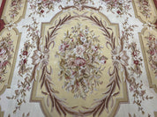 Aubusson Rug 9x12, Elegant Flatweave Savonnerie Carpet 9 x 12 ft, Ivory Light Yellow Red, Handmade Wool Flatweave French European Rug