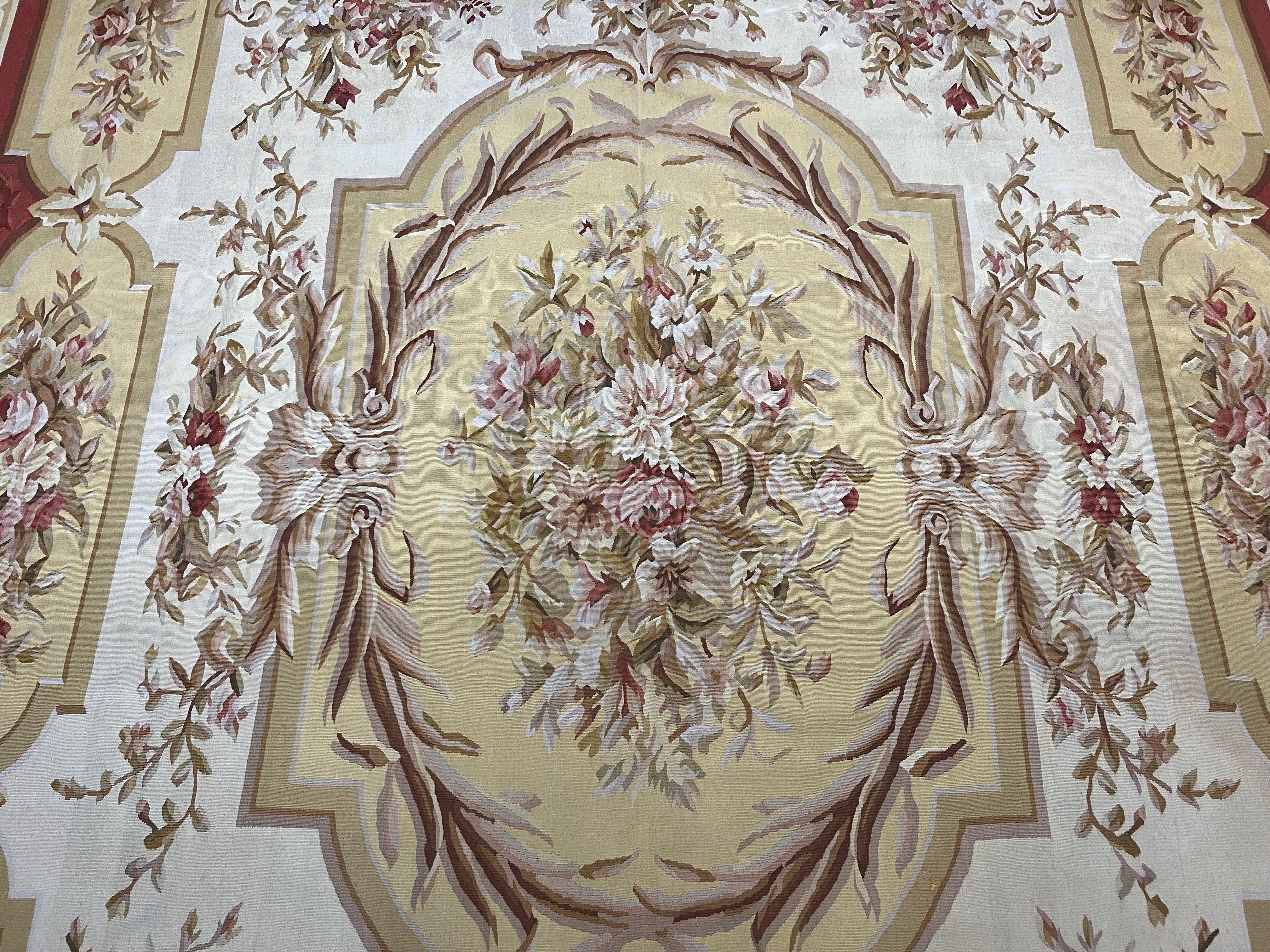 Aubusson Rug 9x12, Elegant Flatweave Savonnerie Carpet 9 x 12 ft, Ivory Light Yellow Red, Handmade Wool Flatweave French European Rug