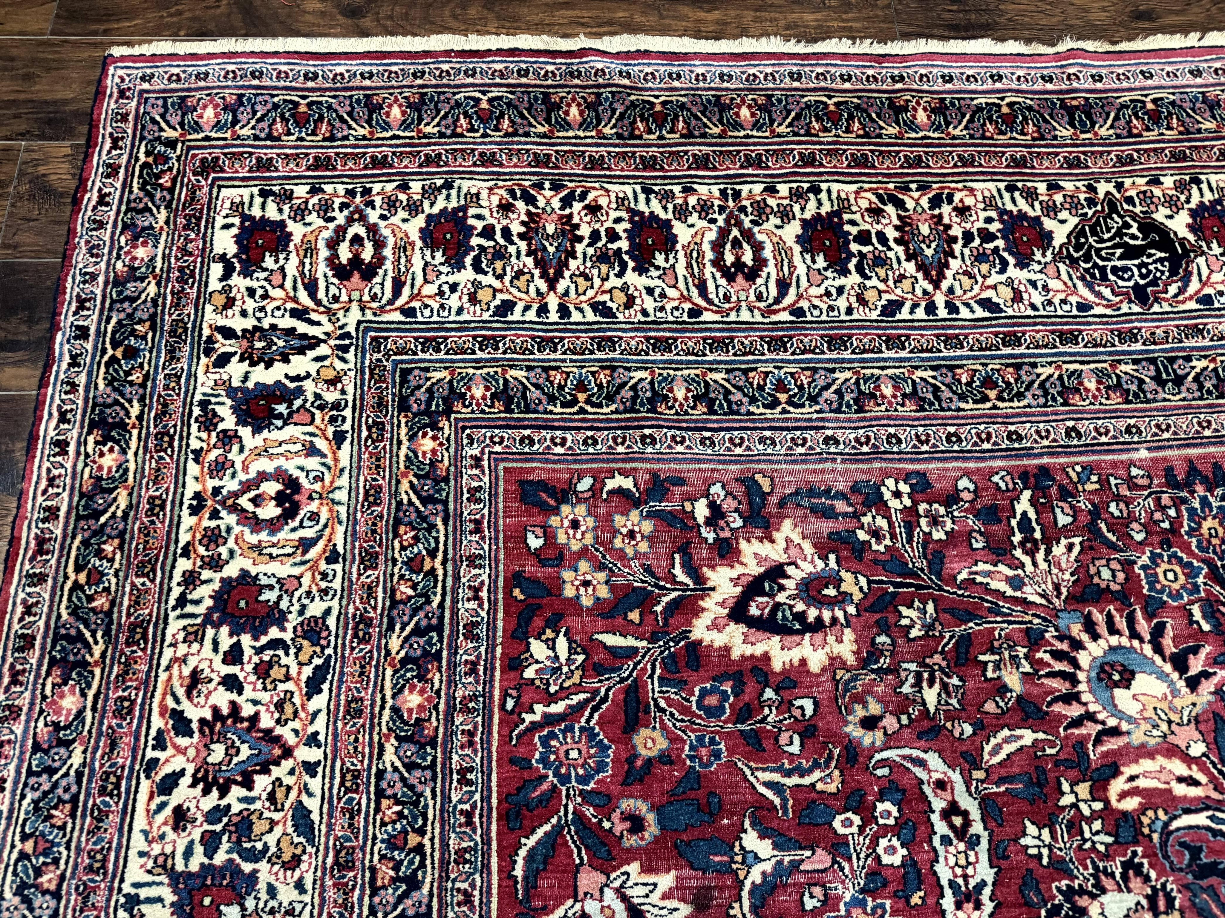 Antique Persian Mashad Rug 10x12, Red and Ivory, Signed by Master Weaver