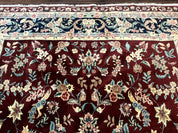 Indo Persian Rug 8x10, Floral Allover with Bird Pictorials, Maroon and Navy Blue, Handmade Wool Area Rug