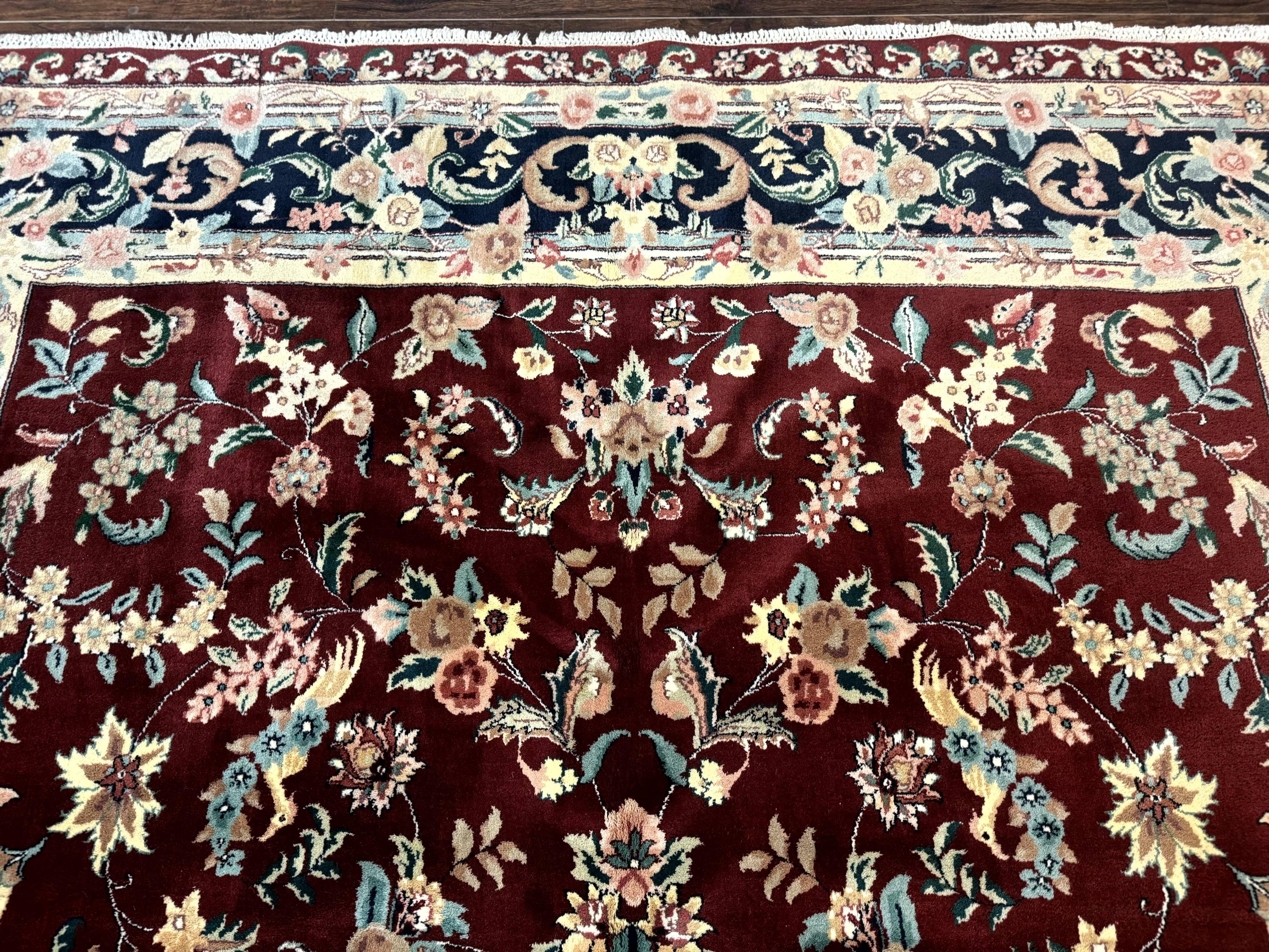 Indo Persian Rug 8x10, Floral Allover with Bird Pictorials, Maroon and Navy Blue, Handmade Wool Area Rug