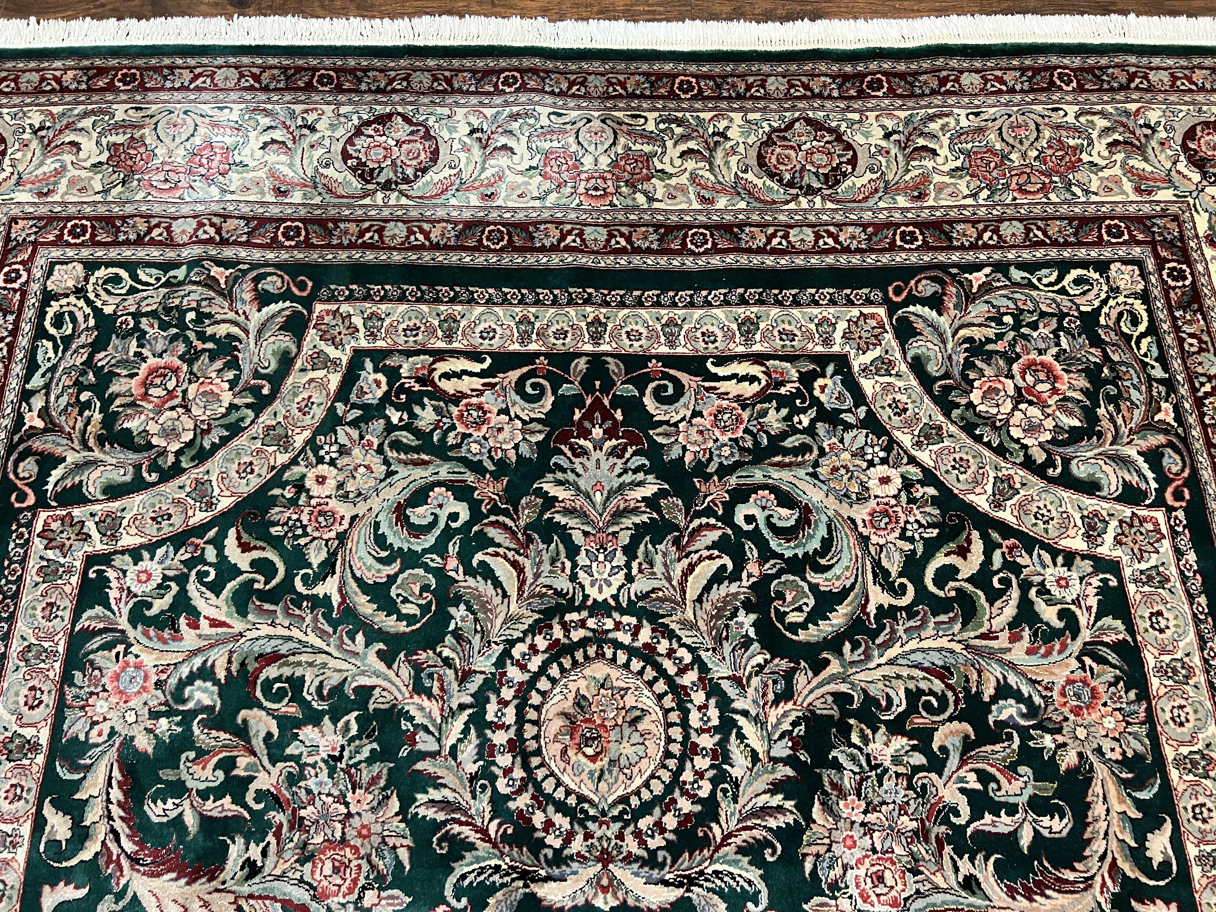 Pak Persian Rug 9x12, Dark Green and Cream, Floral Medallion, Elegant Handmade Wool Carpet 9 x 12