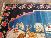 Antique Persian Pictorial Rug 4'6" x 9', Wool Hand-Knotted Blue Roses Karabagh Caucasian Carpet, 1920s Girl Deer Tapestry Wall Hanging Rug