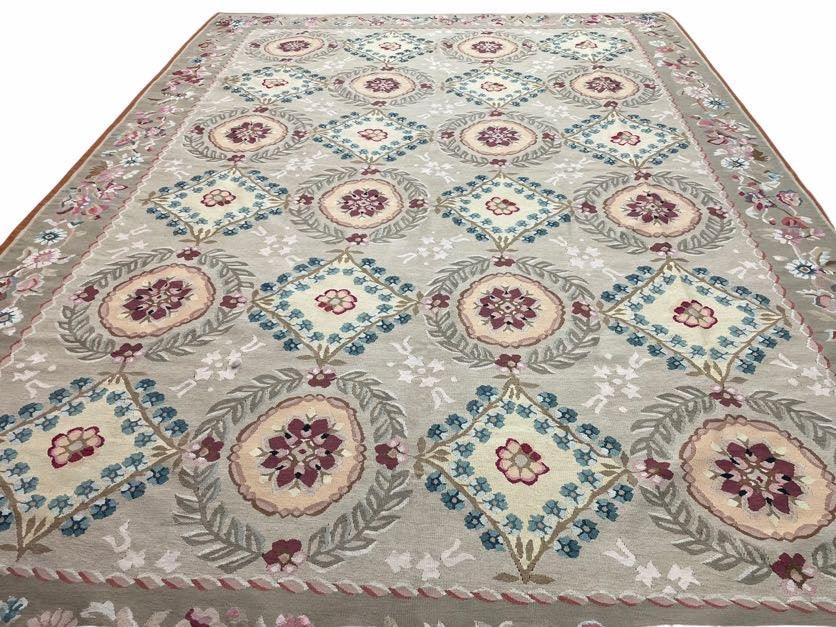 9x13 Needlepoint Carpet, French Design Rug, Hand-Knotted, Brand New Needlepoint Rug 9 x 13, English French European Style, Beige Floral