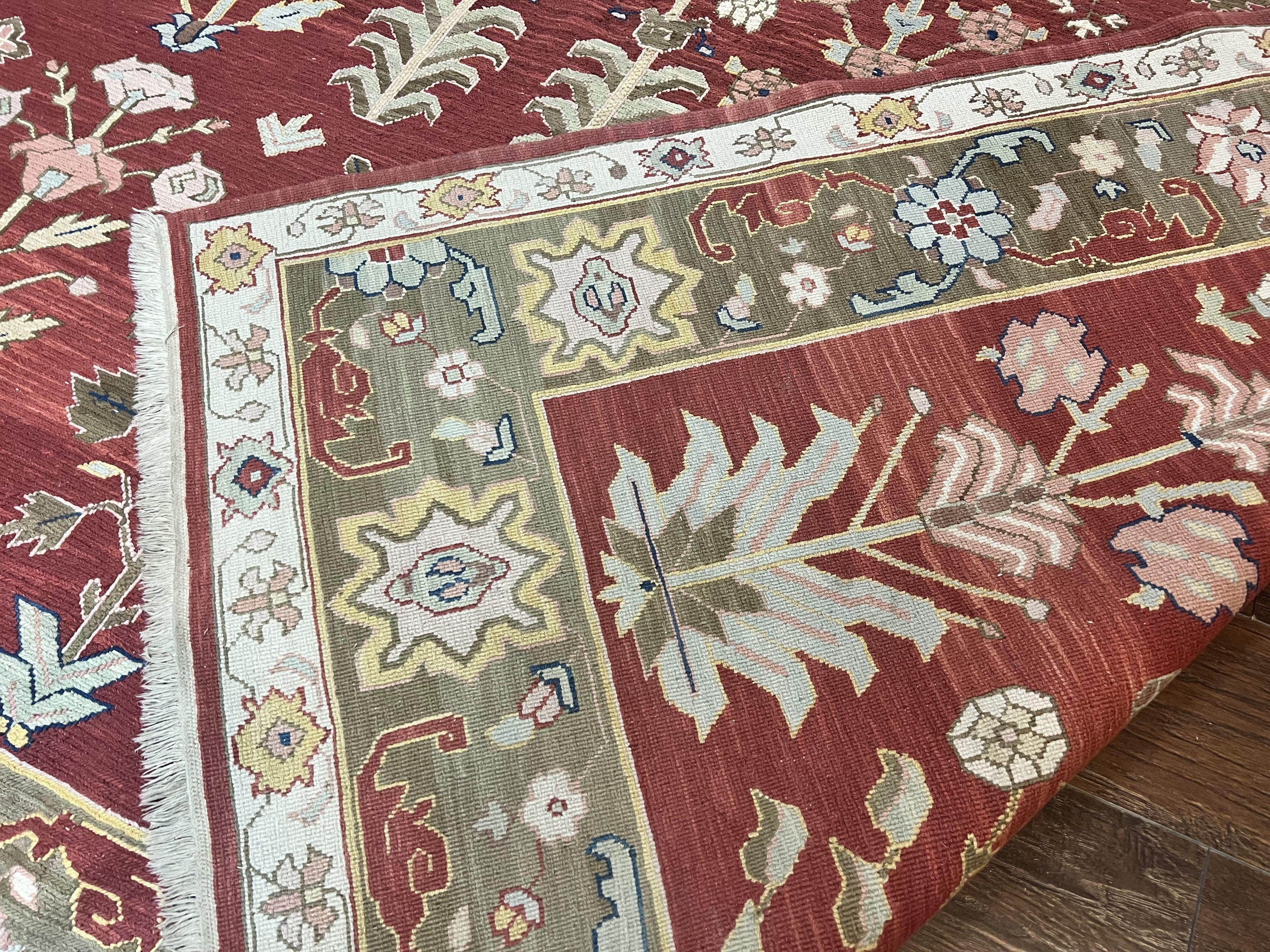 Indian Rug 10x14, Wool Hand Knotted Flatweave Carpet, Tree of Life, Red and Green
