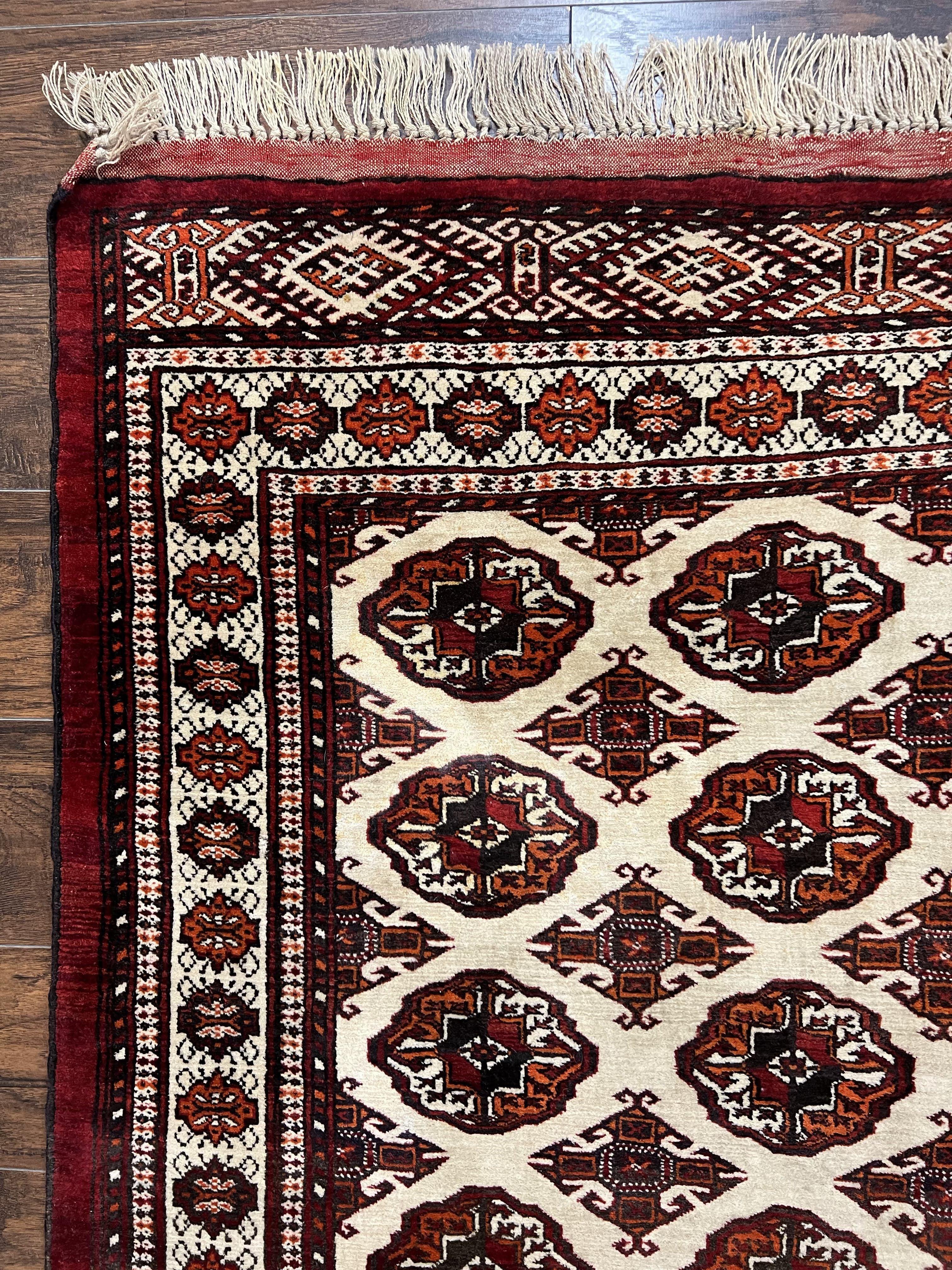 Persian Turkoman Rug 7x8, Almost Square Rare, Hand Knotted, Yamud, Bohemian Rug, Handmade Tribal Rug, Cream Red, Handmade Oriental Carpet