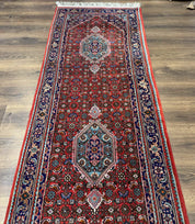 Indo Persian Bidjar Runner Rug 3 x 18.6, Red Navy Blue, Long Runner, Wool Oriental Carpet