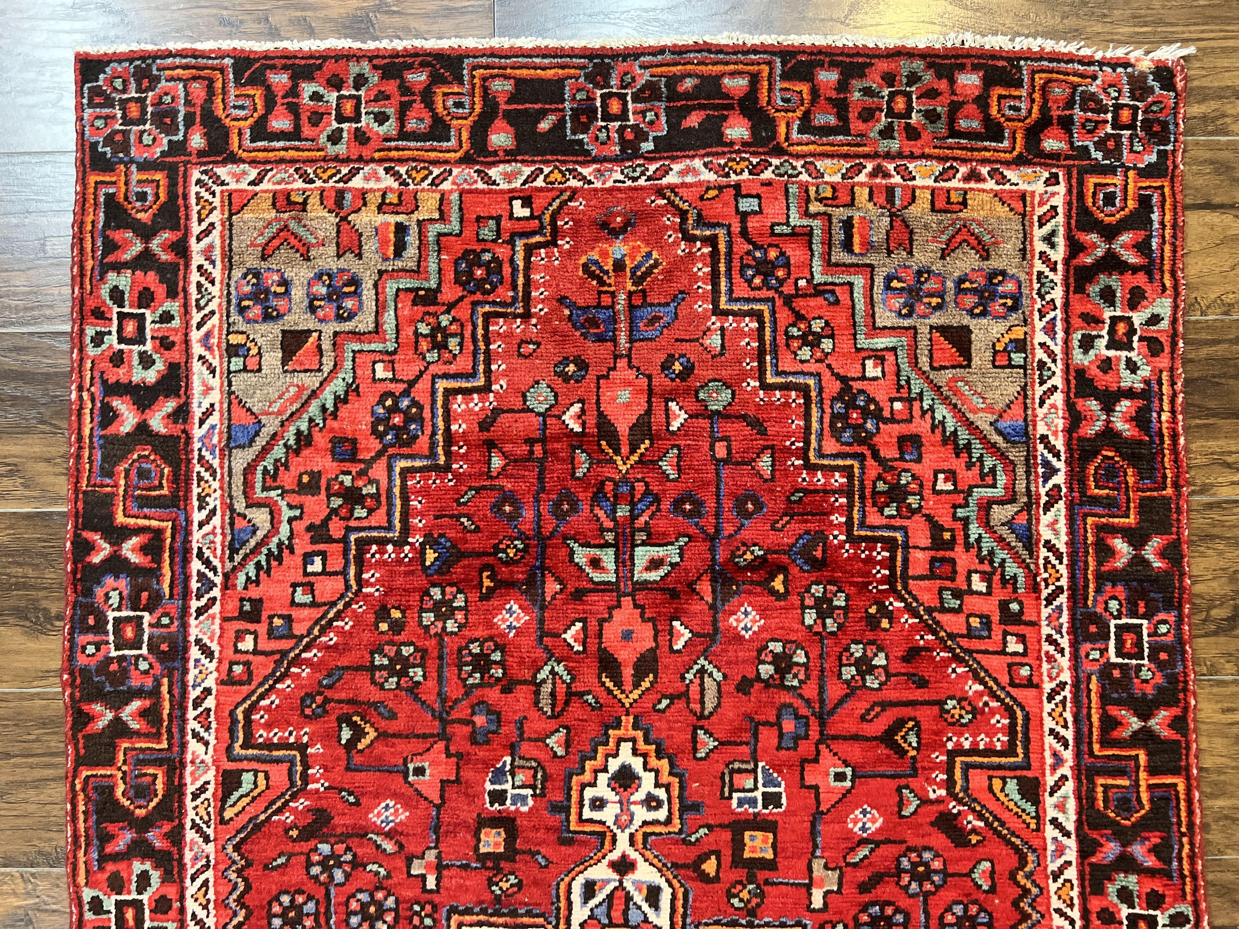 Antique Persian Tribal Rug 4x7, Red, Geometric Medallion, Handmade, Wool, Persian Zanjan Rug
