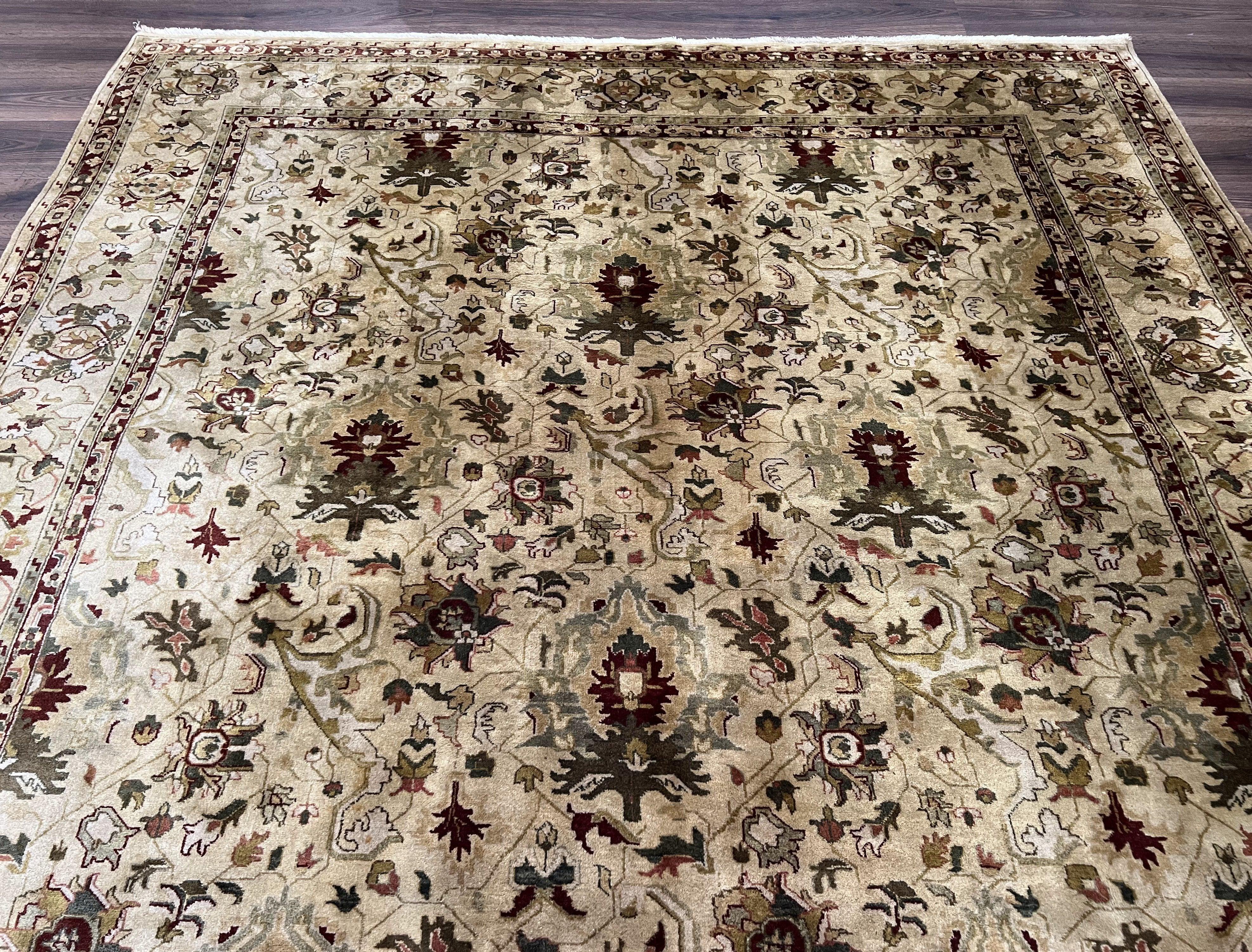 Indian Mahal Rug 8x10, Allover Floral Mahal Oriental Carpet 8 x 10, Handmade Hand Knotted Wool Rug, Indo Persian Area Rug, Tea-Washed Tan