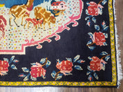 Antique Persian Pictorial Rug 4'6" x 9', Wool Hand-Knotted Blue Roses Karabagh Caucasian Carpet, 1920s Girl Deer Tapestry Wall Hanging Rug