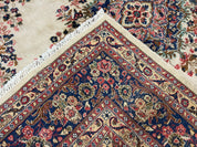 Persian Rug 9x10, Hamadan Rug, Antique Oriental Carpet, Wool Rug, Semi Open Field, Cream and Navy Blue, Kirman Design Hand Knotted Almost Square Rug