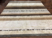 Modern Tibetan Nepali Rug 8x12, Stripe Pattern, Wool with Silk Highlights, Handmade, Beige Tan Brown