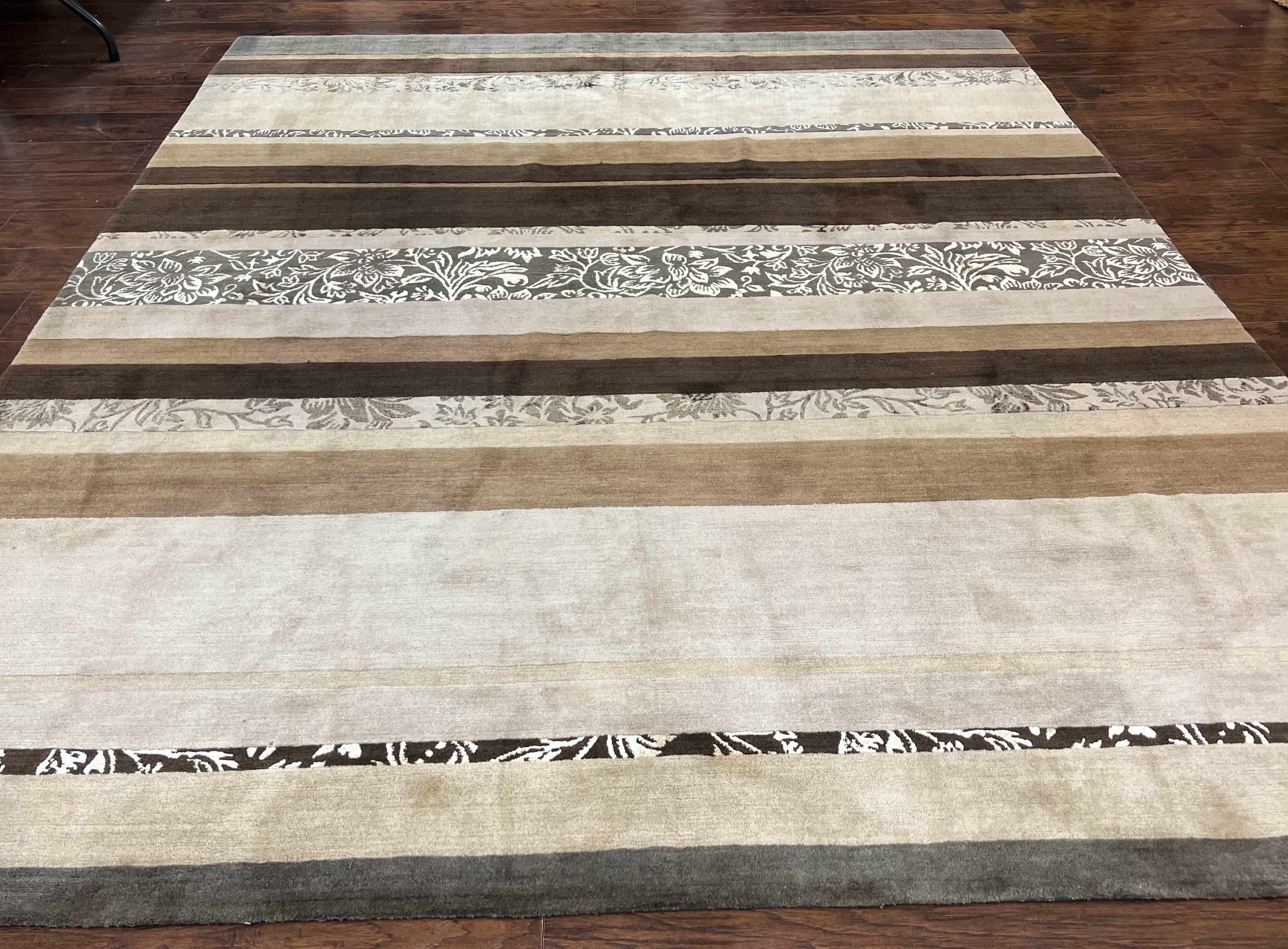 Modern Tibetan Nepali Rug 8x12, Stripe Pattern, Wool with Silk Highlights, Handmade, Beige Tan Brown