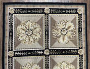 Needlepoint Runner Rug 3x8 Panel Design Rug, Flatweave Runner Rug, English Design, Floral, Short Runner Rug, Black and Beige Wool Hand-Woven