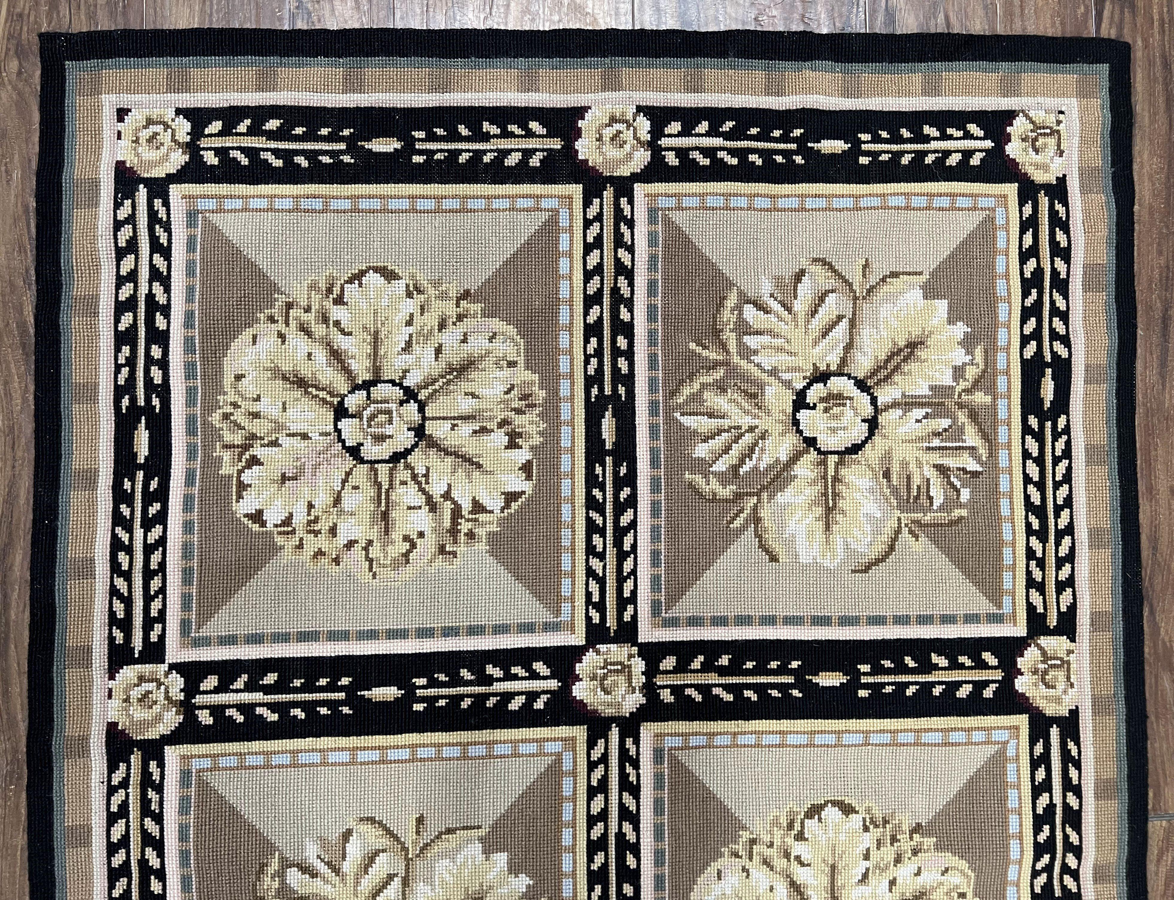 Needlepoint Runner Rug 3x8 Panel Design Rug, Flatweave Runner Rug, English Design, Floral, Short Runner Rug, Black and Beige Wool Hand-Woven