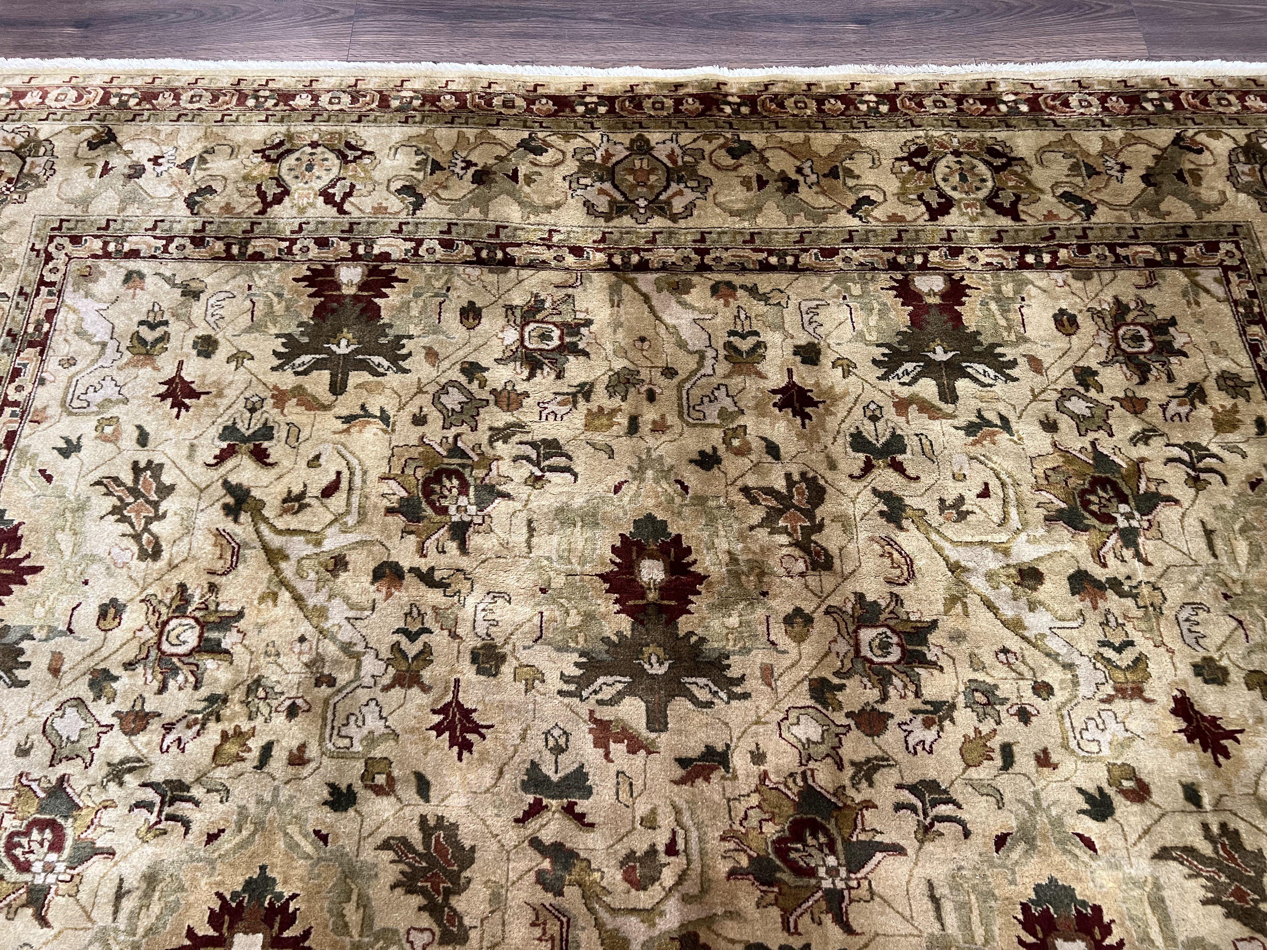 Indian Mahal Rug 8x10, Allover Floral Mahal Oriental Carpet 8 x 10, Handmade Hand Knotted Wool Rug, Indo Persian Area Rug, Tea-Washed Tan