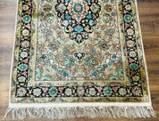 Indian Kashmiri Silk Rug 3x5, Floral Medallion, Fine 200 KPSI