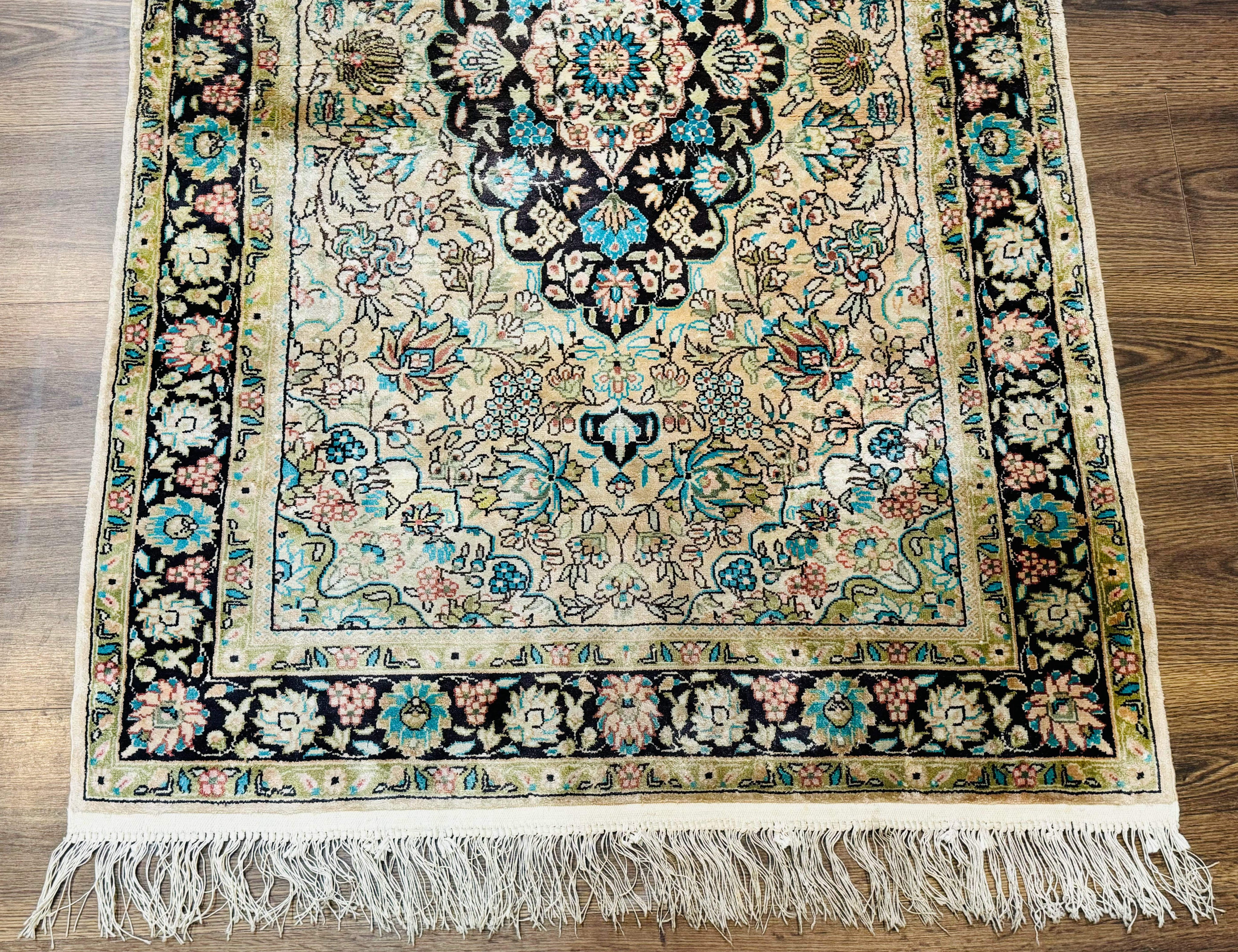 Indian Kashmiri Silk Rug 3x5, Floral Medallion, Fine 200 KPSI