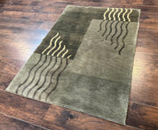Modern Tibetan Wool Rug 3.6 x 5.6, Shades of Green, Abstract Design