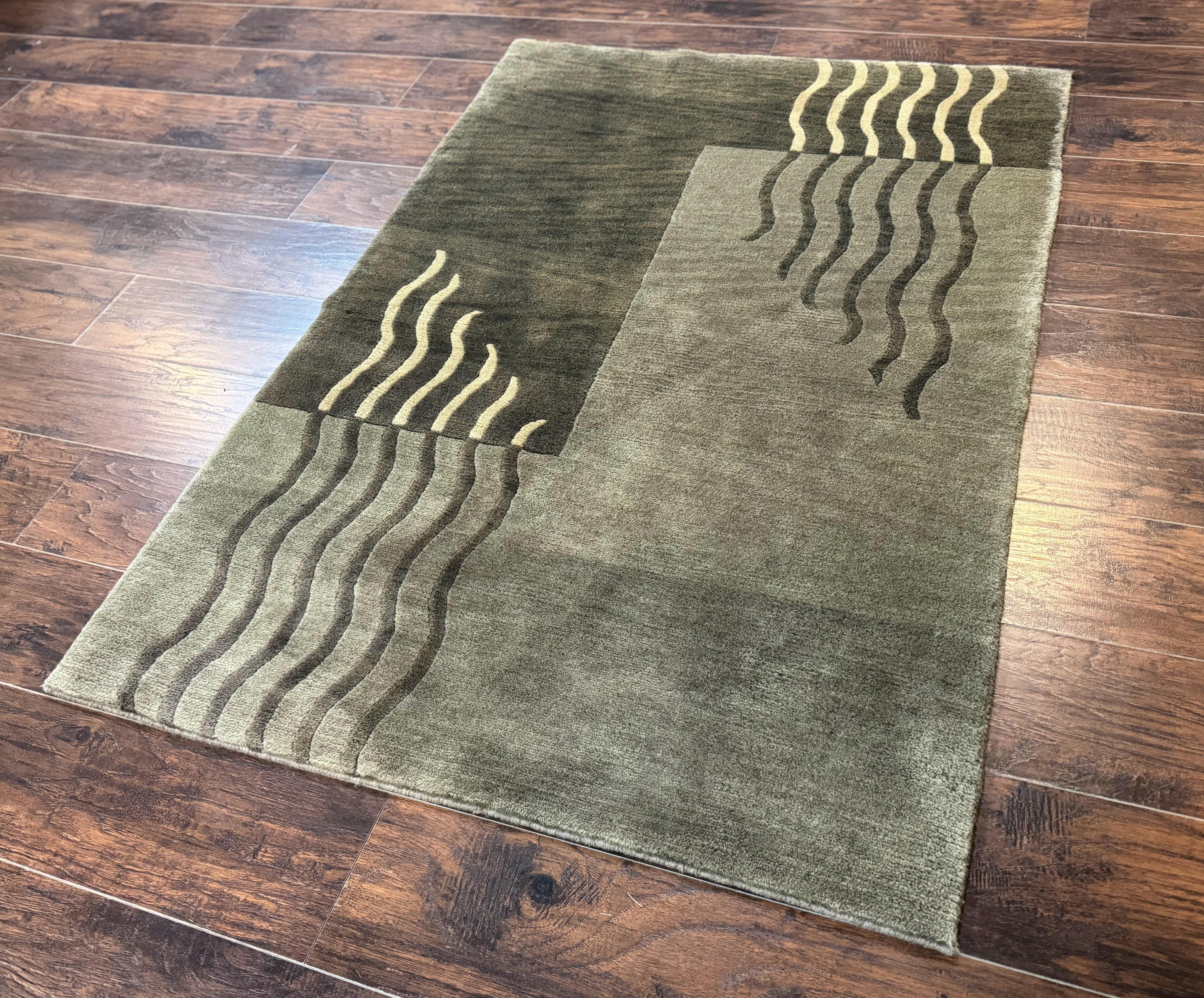 Modern Tibetan Wool Rug 3.6 x 5.6, Shades of Green, Abstract Design