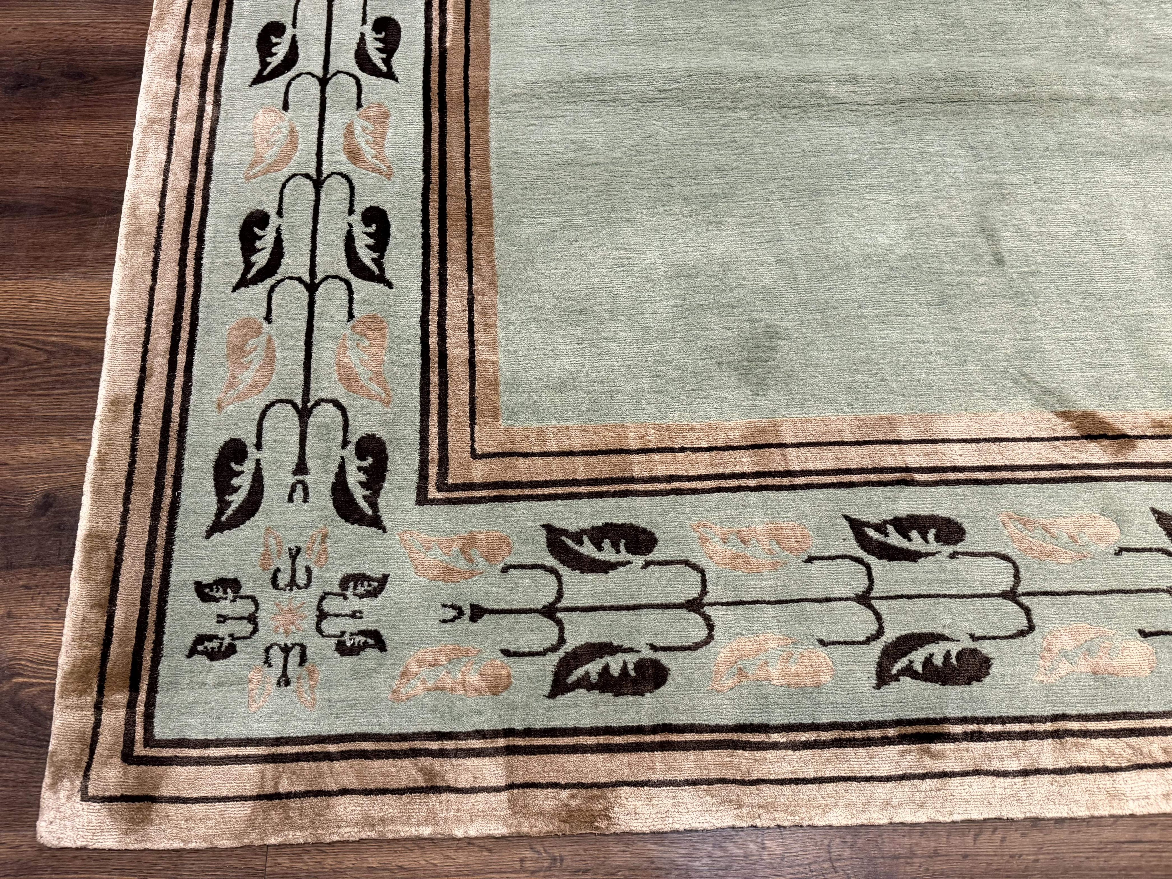 Palace Size Nepali Rug 9x18, Open Field, Light Mint Green, Wool Hand Knotted, Modern Contemporary