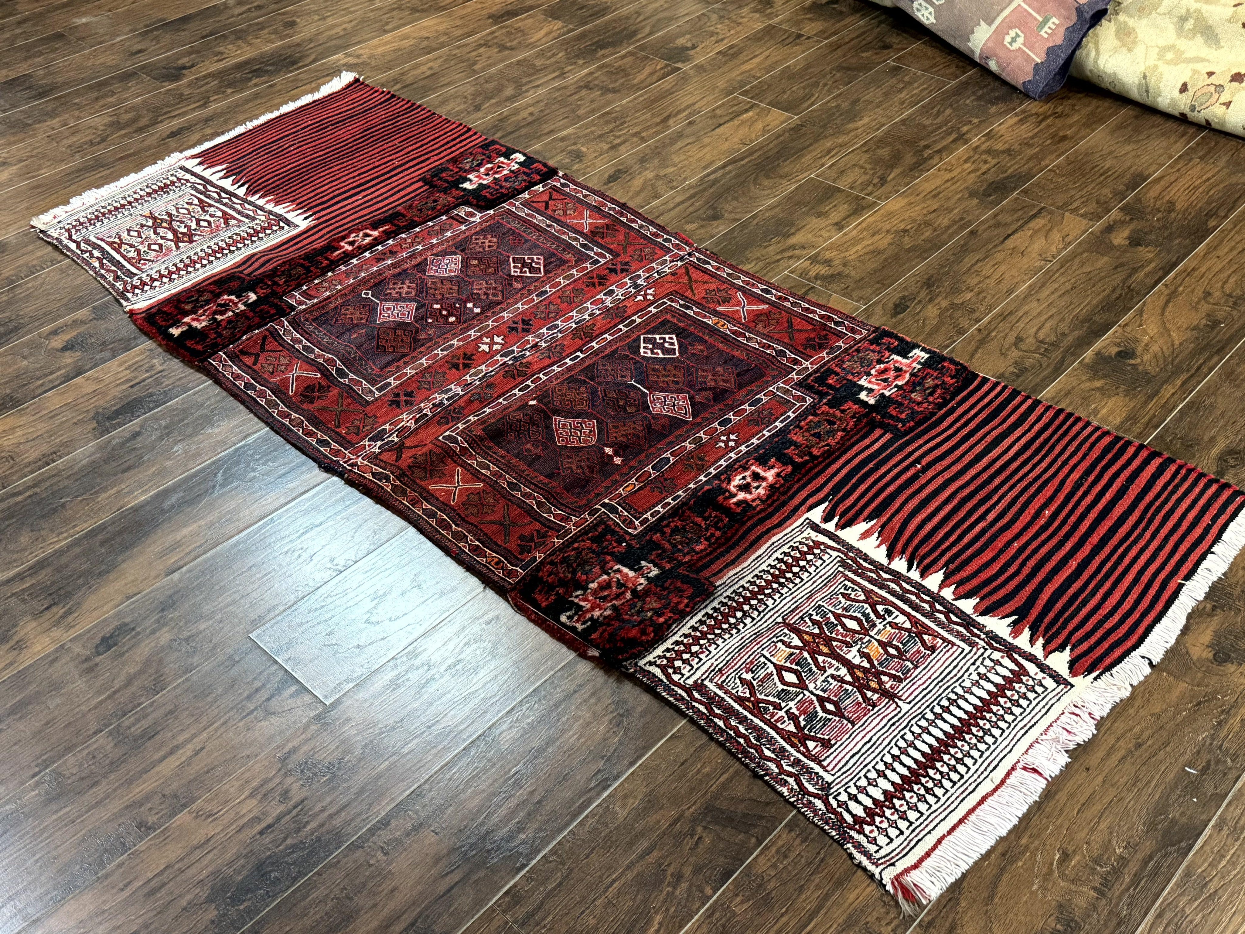 Persian Tribal Nomadic Saddle Cover Rug, Antique, Handmade, Wool, Red Ivory Black, Collectible, Shashavan