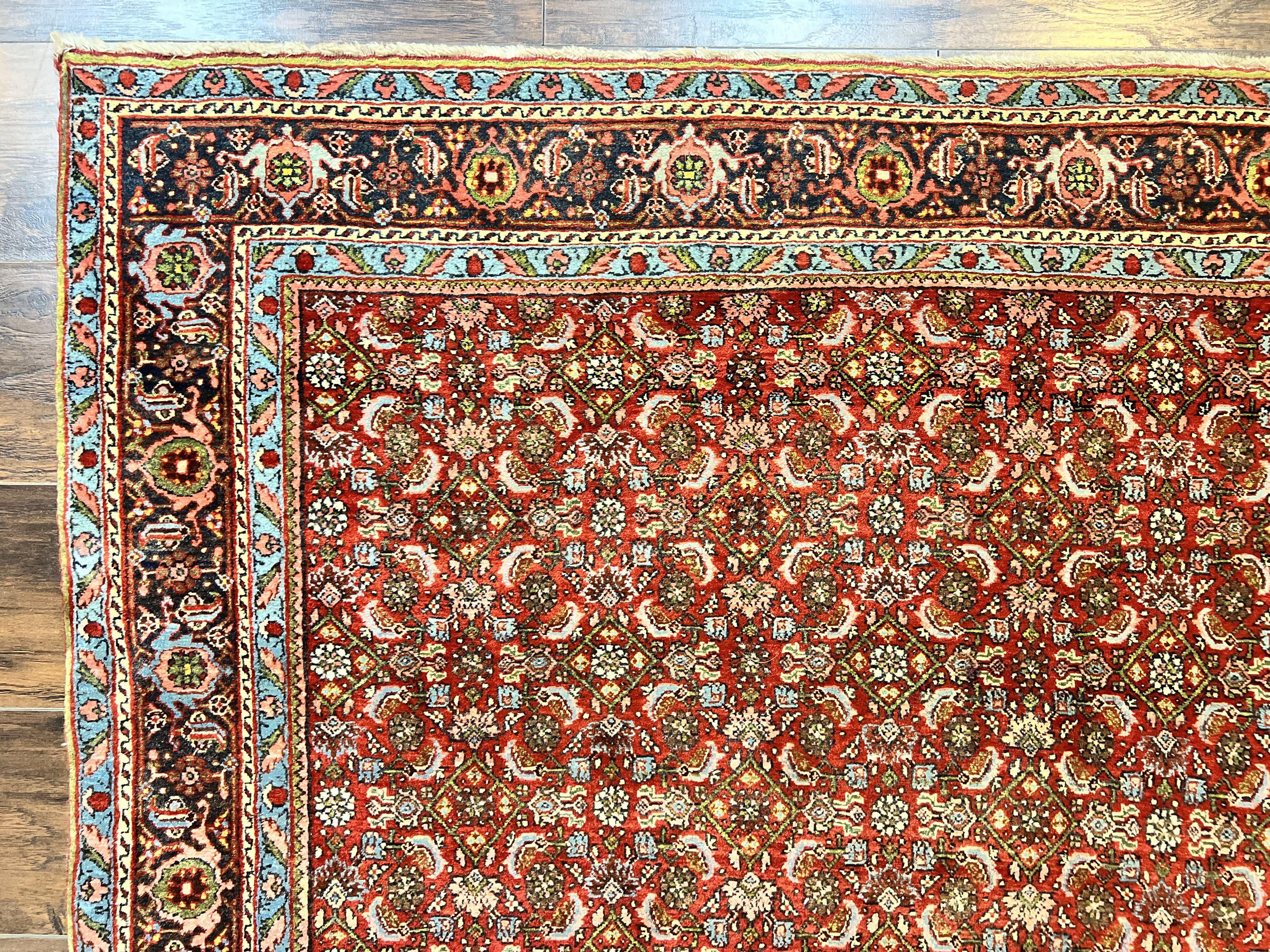 Antique Persian Bidjar Rug 5x7, Repeated Allover Herati Pattern, Red, Handmade Wool Carpet