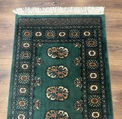 Pakistani Bokhara Runner Rug 2.5 x 11, Green Turkoman Wool Runner for Hallway