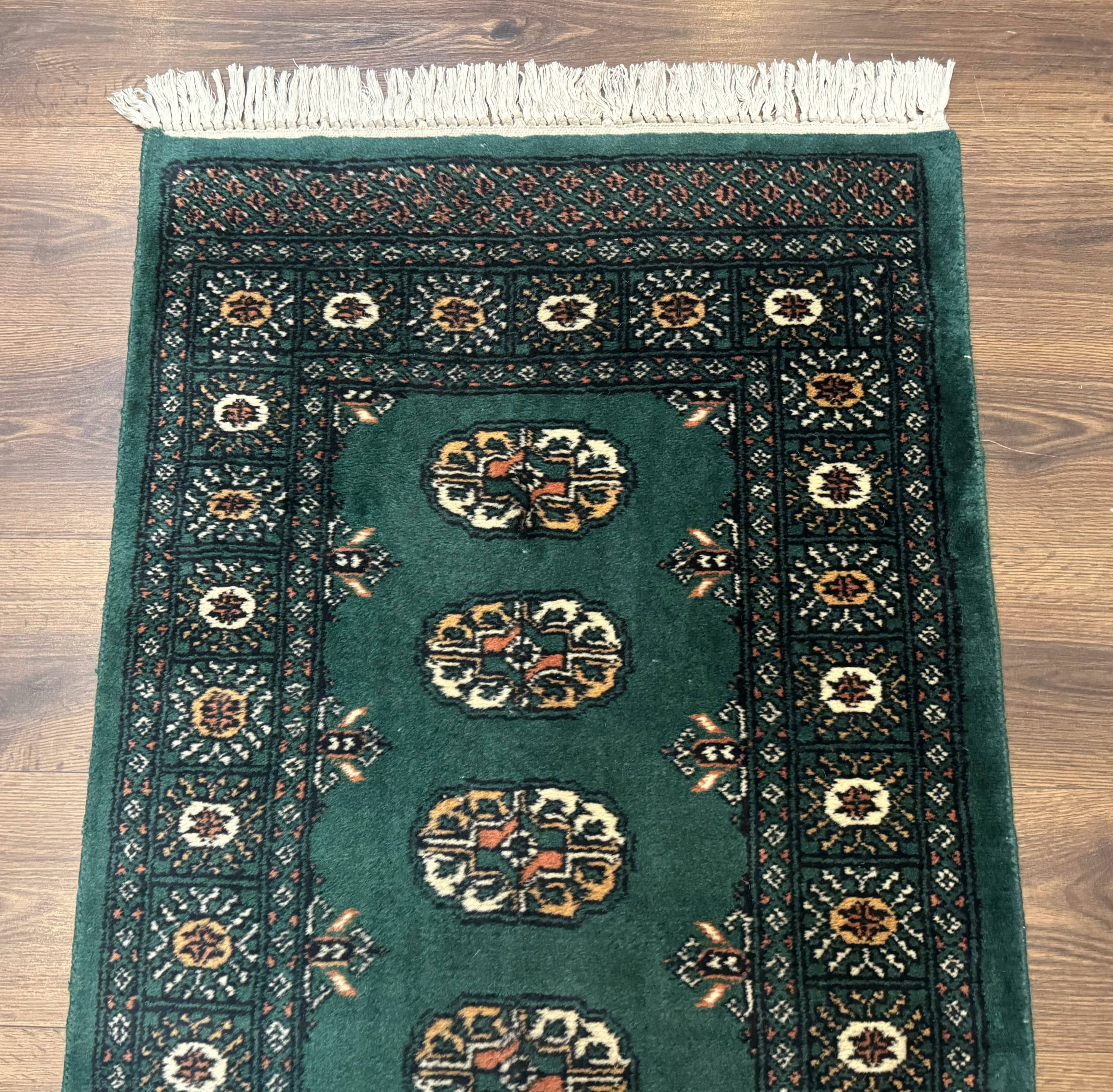Pakistani Bokhara Runner Rug 2.5 x 11, Green Turkoman Wool Runner for Hallway