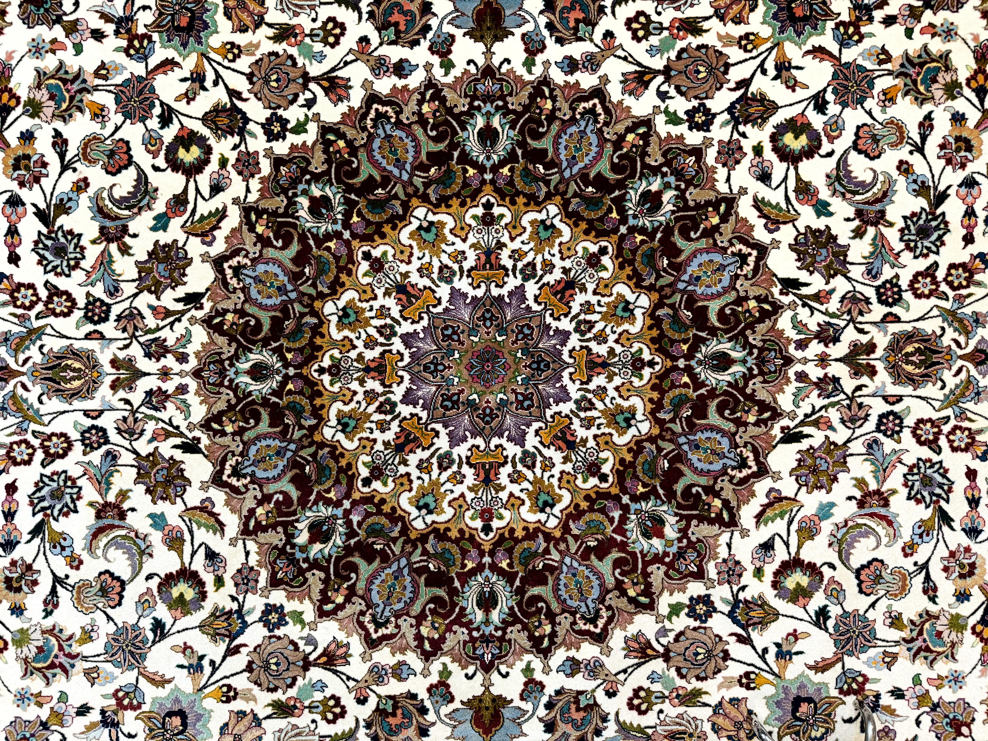 Persian Tabriz Rug 8x11, Floral Medallion Traditional Area Rug, Fine 300 KPSI, Ivory Maroon