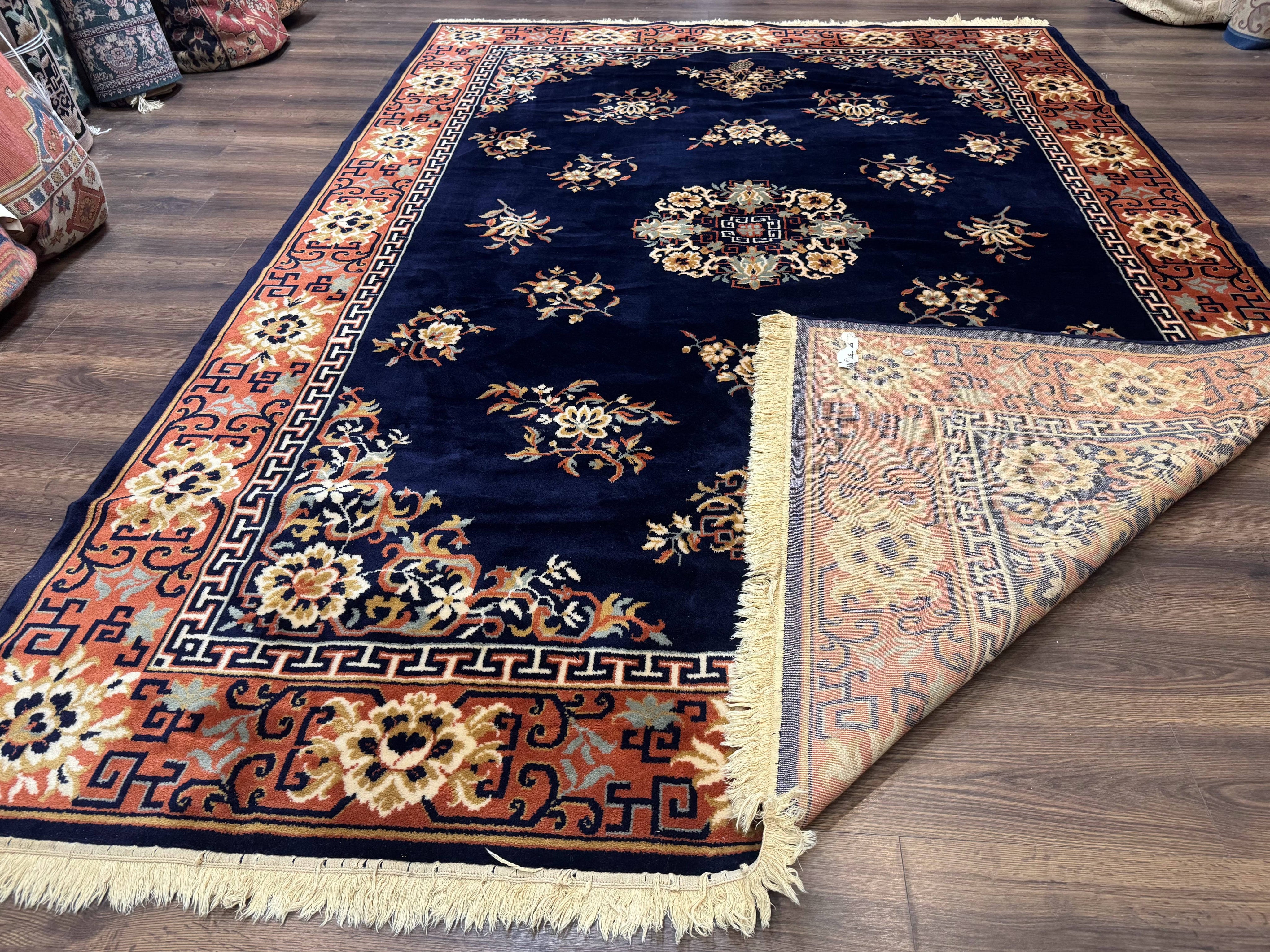 Chinese Wool Rug 8x11, Navy Blue and Terracotta, Floral, Couristan Belgium Power Loomed Carpet