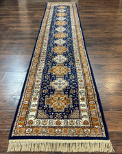 Indo Persian Runner Rug 2.6 x 12.7, Indian Kashmiri Runner for Hallway or Kitchen, Navy Blue, Geometric Medallions, Handmade Wool