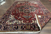 Antique Persian Heriz Rug 8x11, Geometric Tribal Wool Carpet, Brick Red