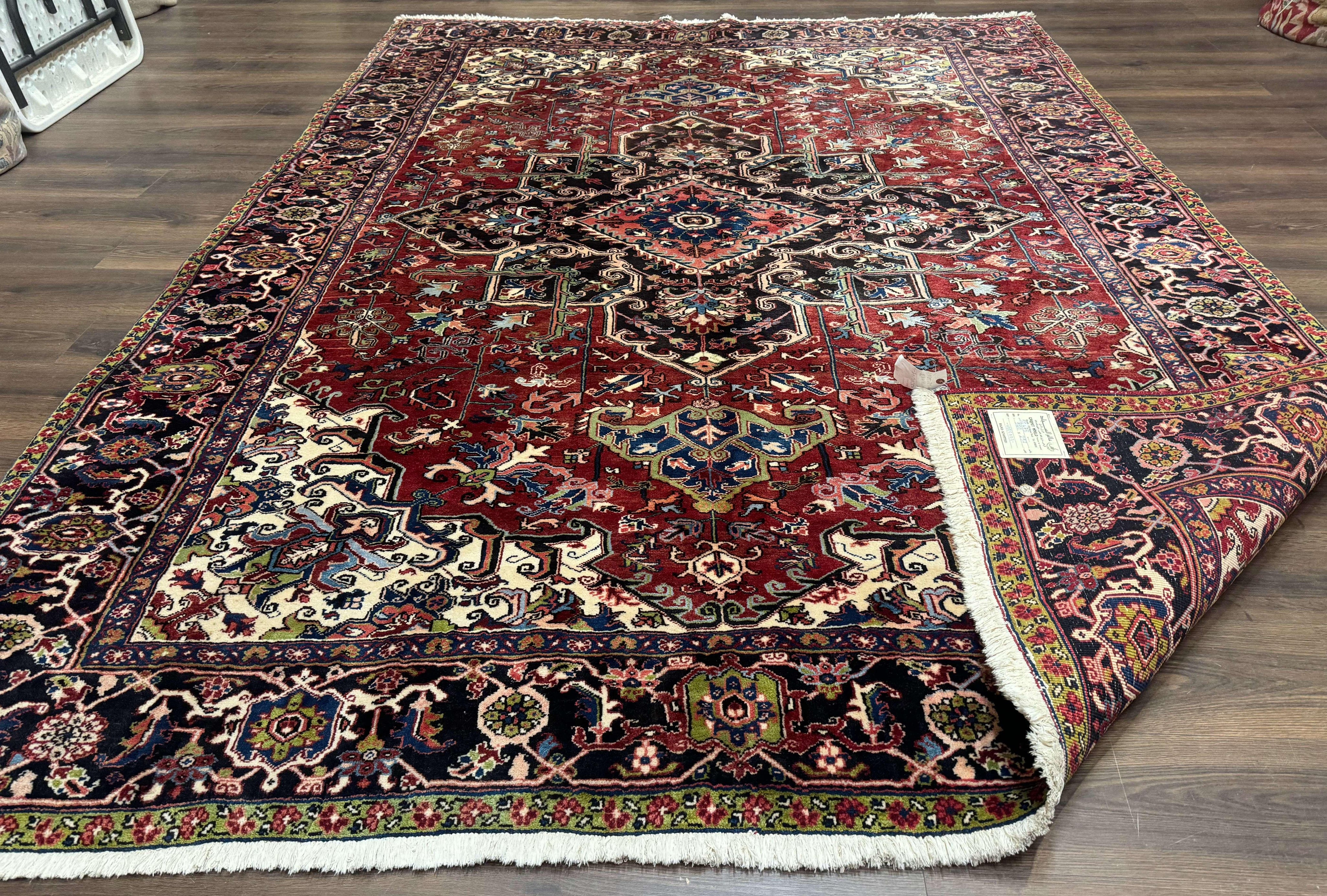 Antique Persian Heriz Rug 8x11, Geometric Tribal Wool Carpet, Brick Red