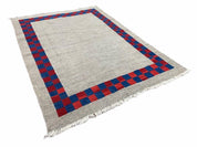 5' 7" x 7' 9" Geometric Kilim Carpet, Gray, Handmade, Hand-Knotted Area Rug, Blue & Red, Flatweave, Wool, New, Checkerboard Pattern