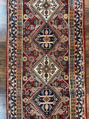 Antique Persian Qashqai Runner Rug 3 x 13 ft, Tribal Runner, Geometric Medallions, Red Ivory Blue, Wool