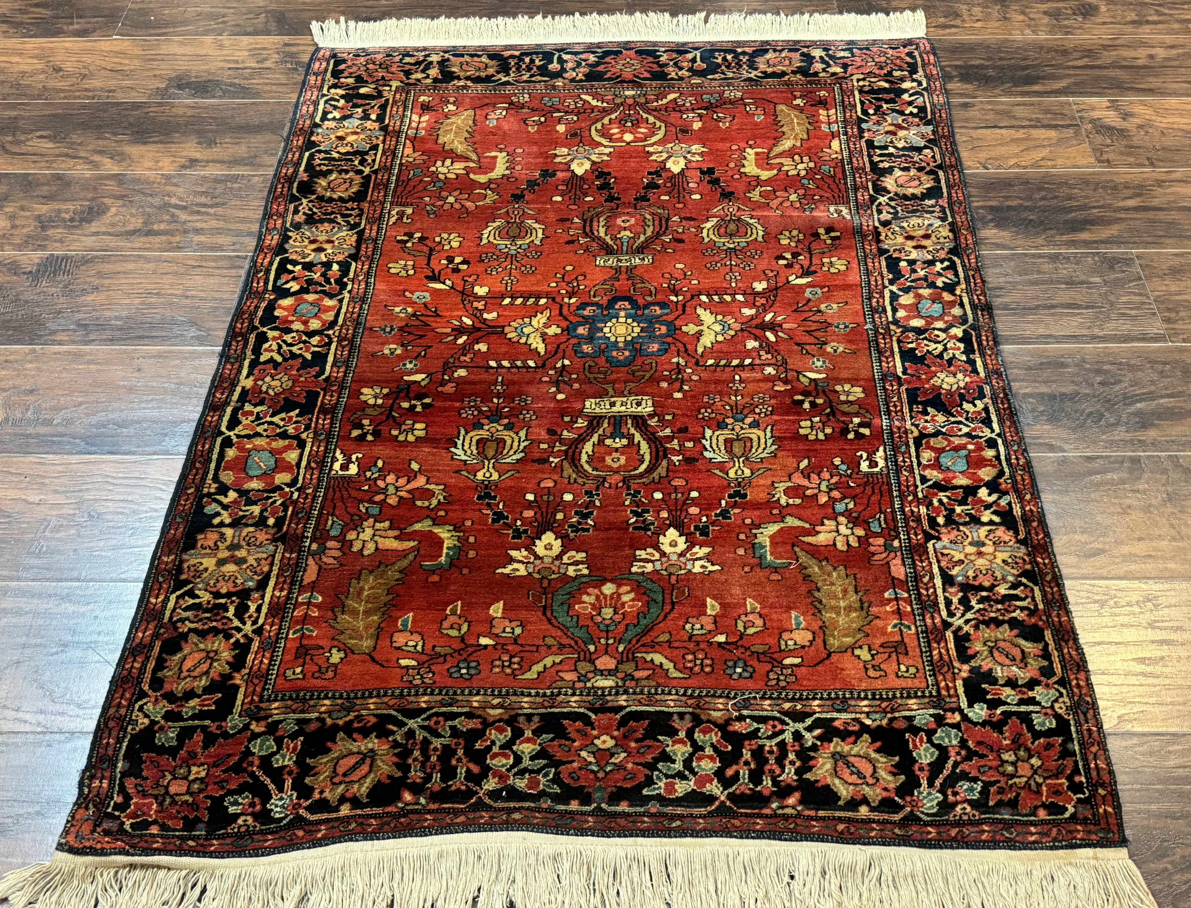Antique Persian Farahan Sarouk Rug 3.6 x 5, Red, Floral, Traditional Rug, Fine 210 KPSI
