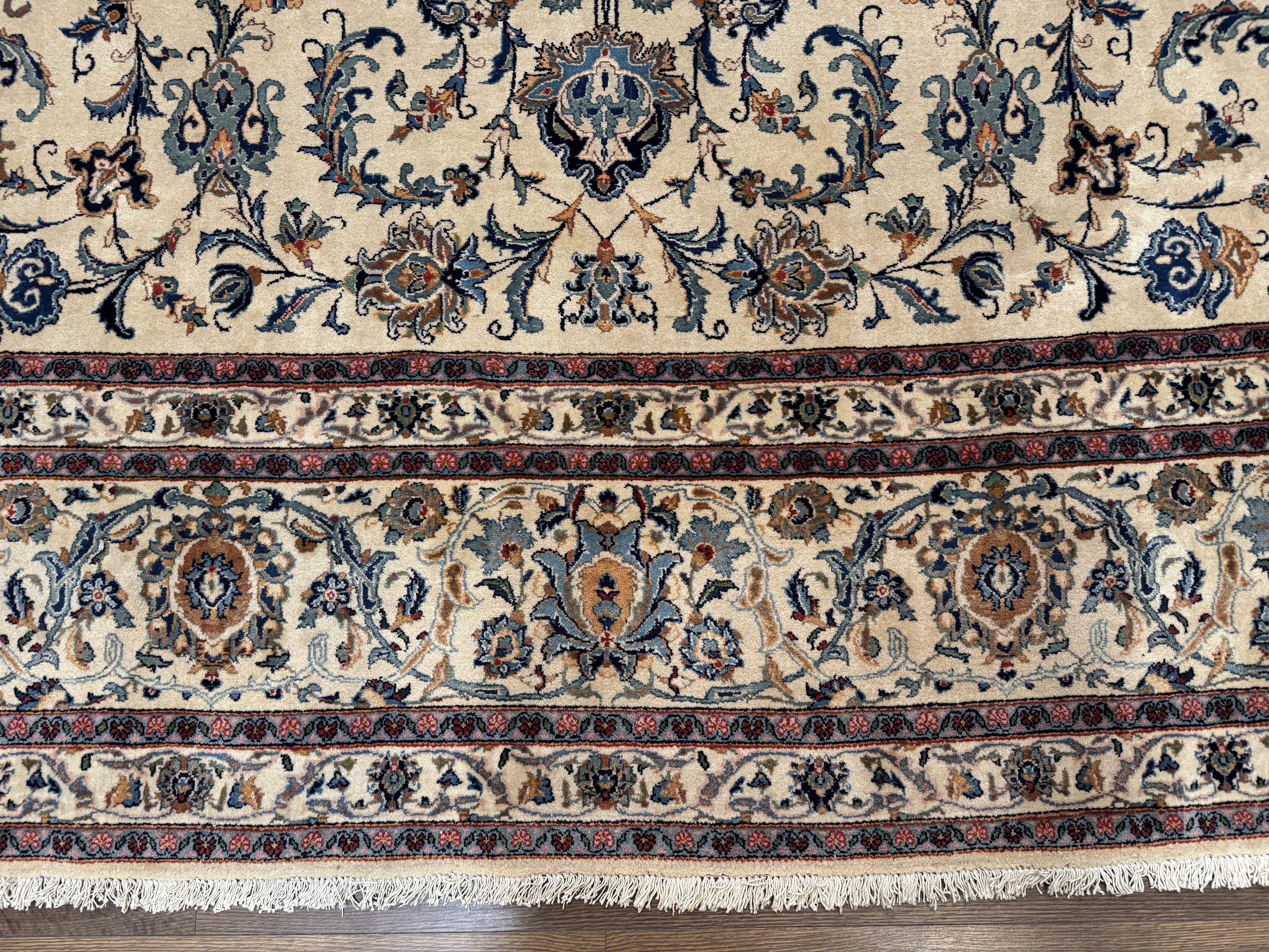 Persian Kashan Rug 10x14, Bone - Beige and Blue, Allover Pattern, Traditional Persian Carpet, Fine 260 KPSI