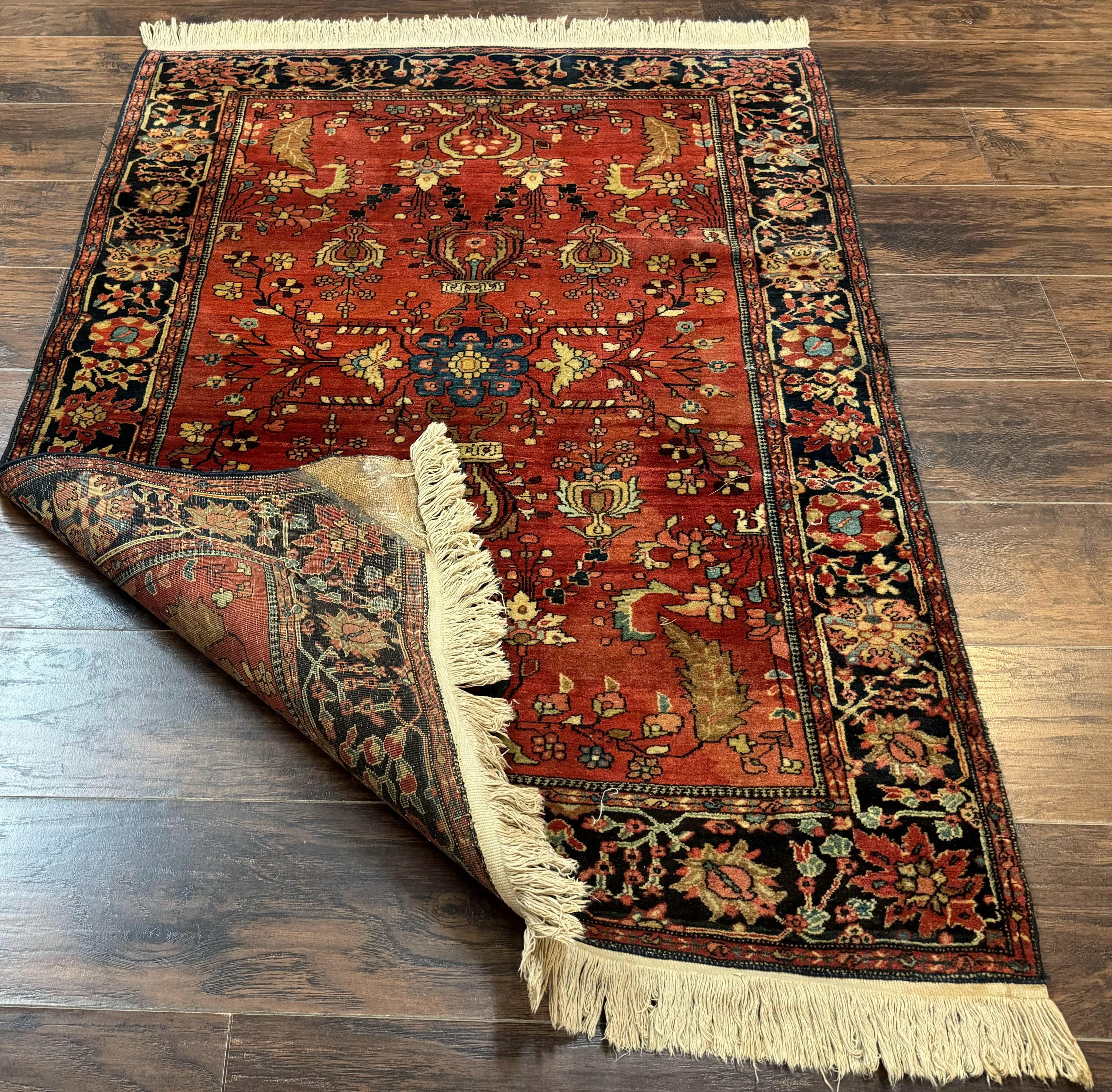 Antique Persian Farahan Sarouk Rug 3.6 x 5, Red, Floral, Traditional Rug, Fine 210 KPSI