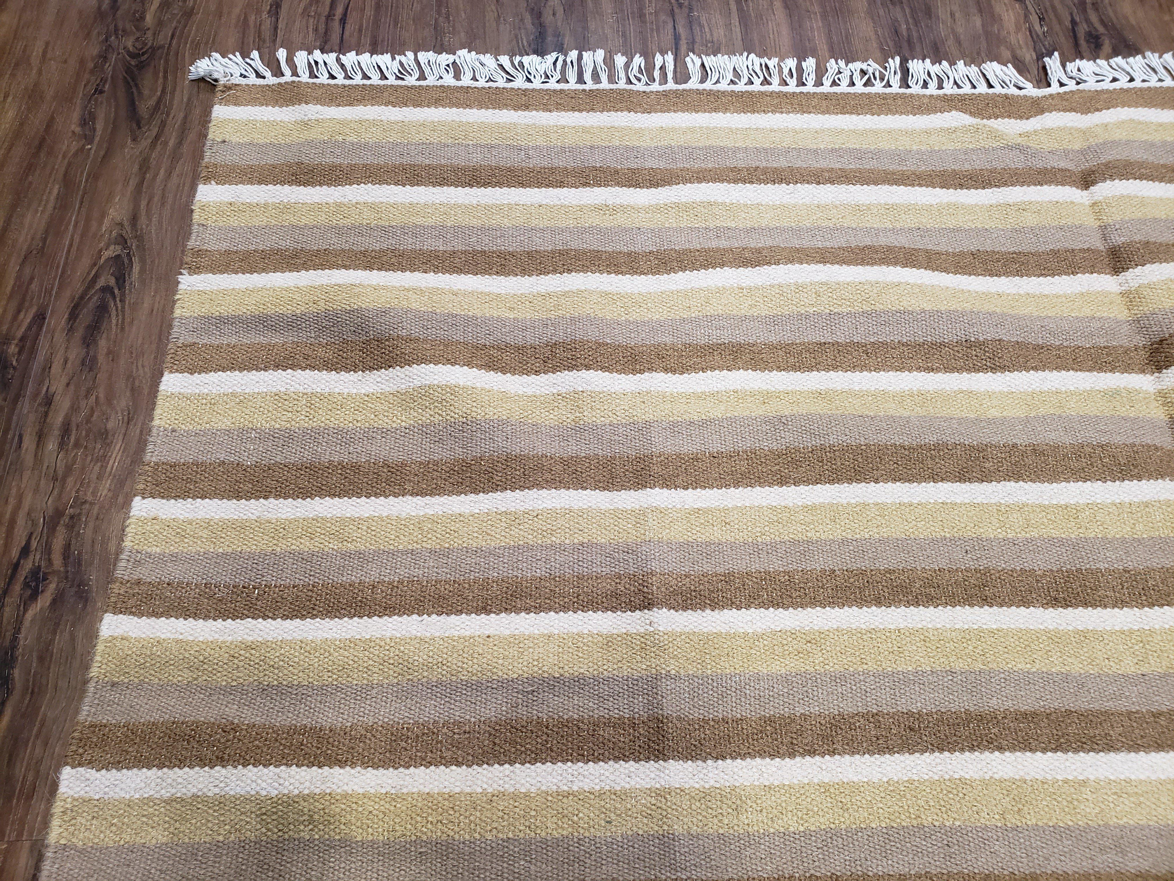 Indian Striped Blanket 6x9, Large Indo Kilim Area Rug, Earthern Tones Woolen Hand-Woven Flatweave South American Style Queen Size Bedspread