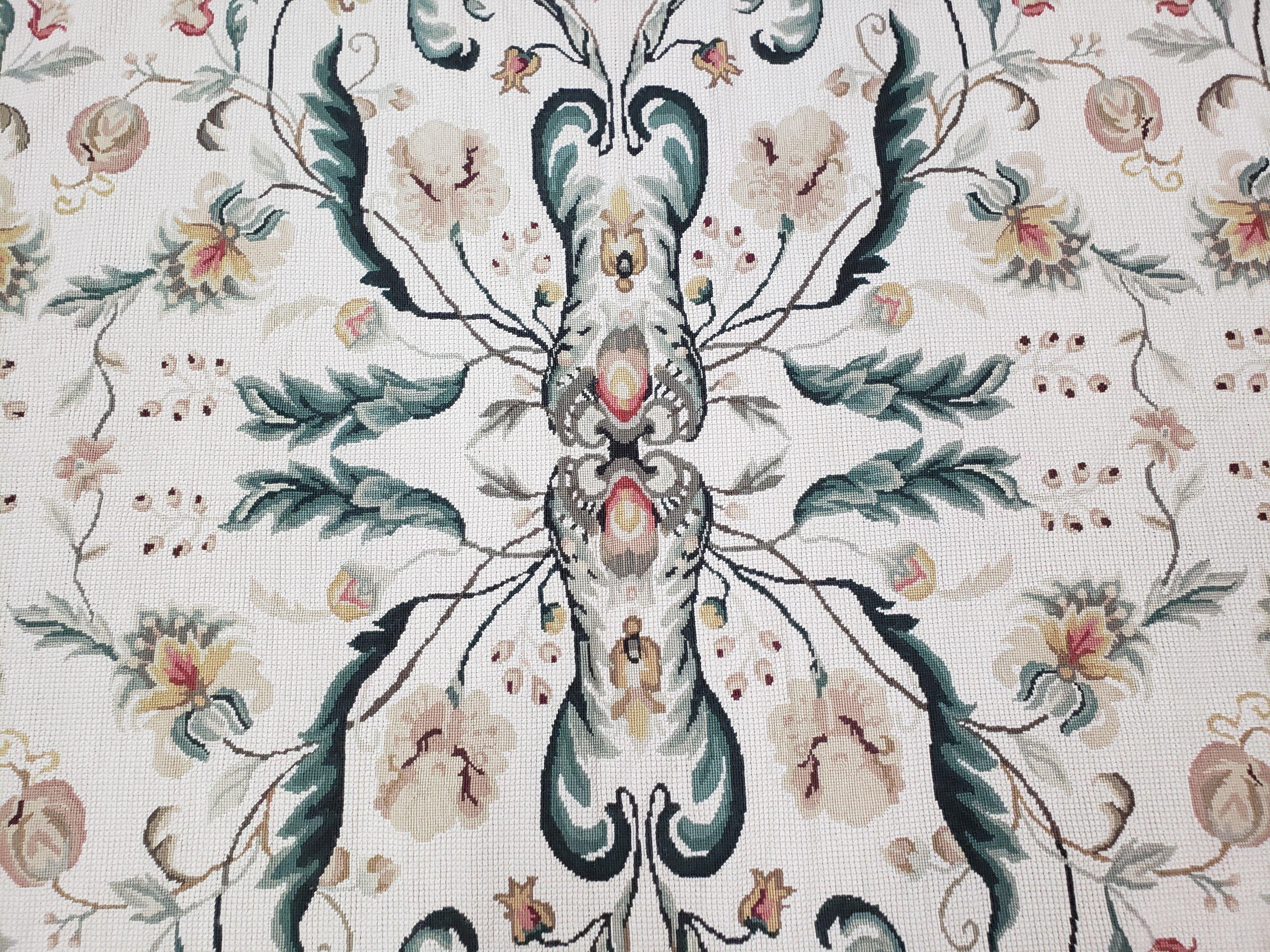 New Needlepoint Rug 9x12, Hand Woven Wool Area Rug, Flatweave Carpet, Handmade Chinese Needlepoint, Floral European Design, Ivory Background