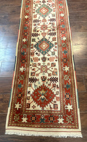 Turkish Runner Rug 2.4 x 8, Kazak Geometric Heriz Pattern, Beige Red