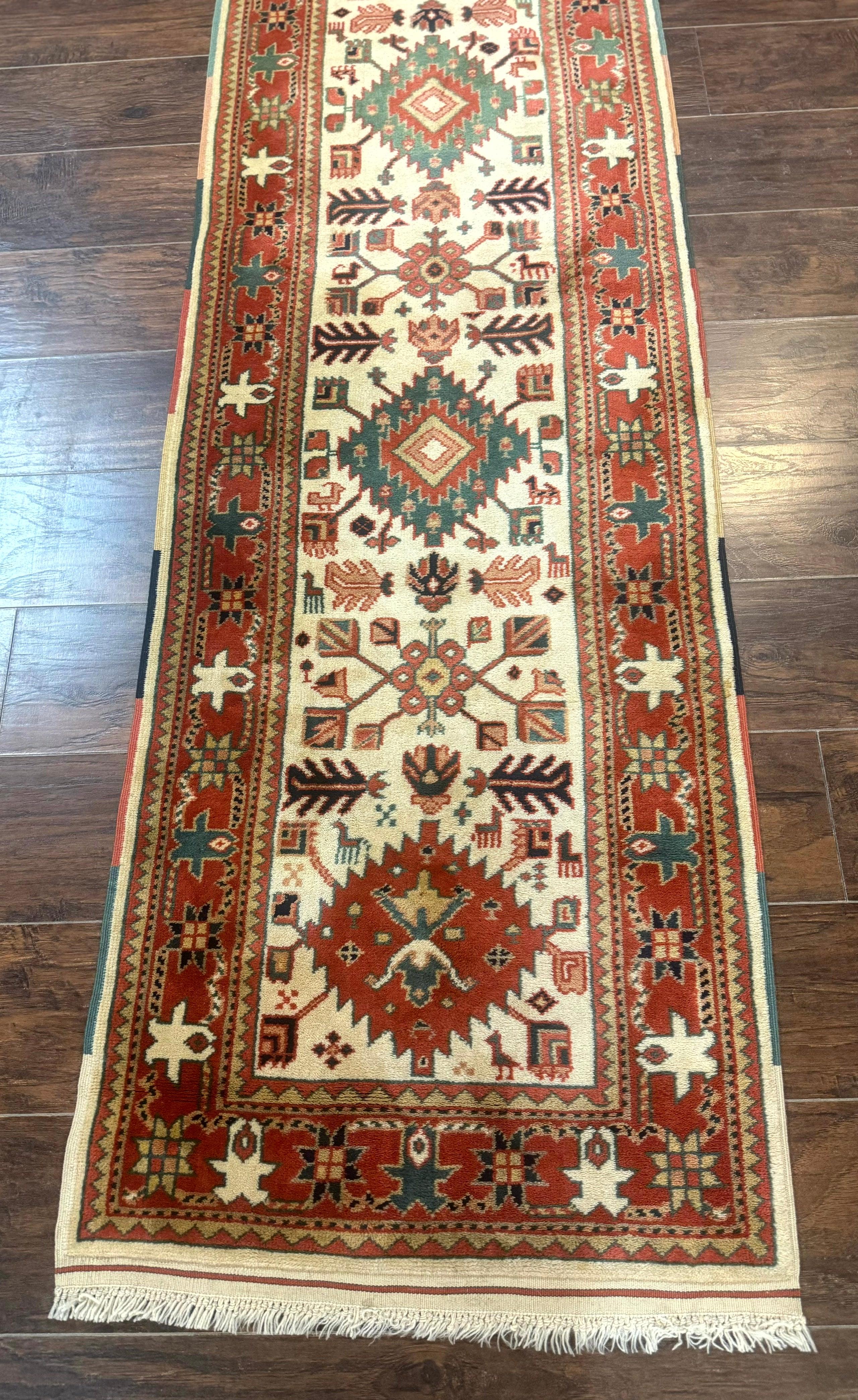 Turkish Runner Rug 2.4 x 8, Kazak Geometric Heriz Pattern, Beige Red