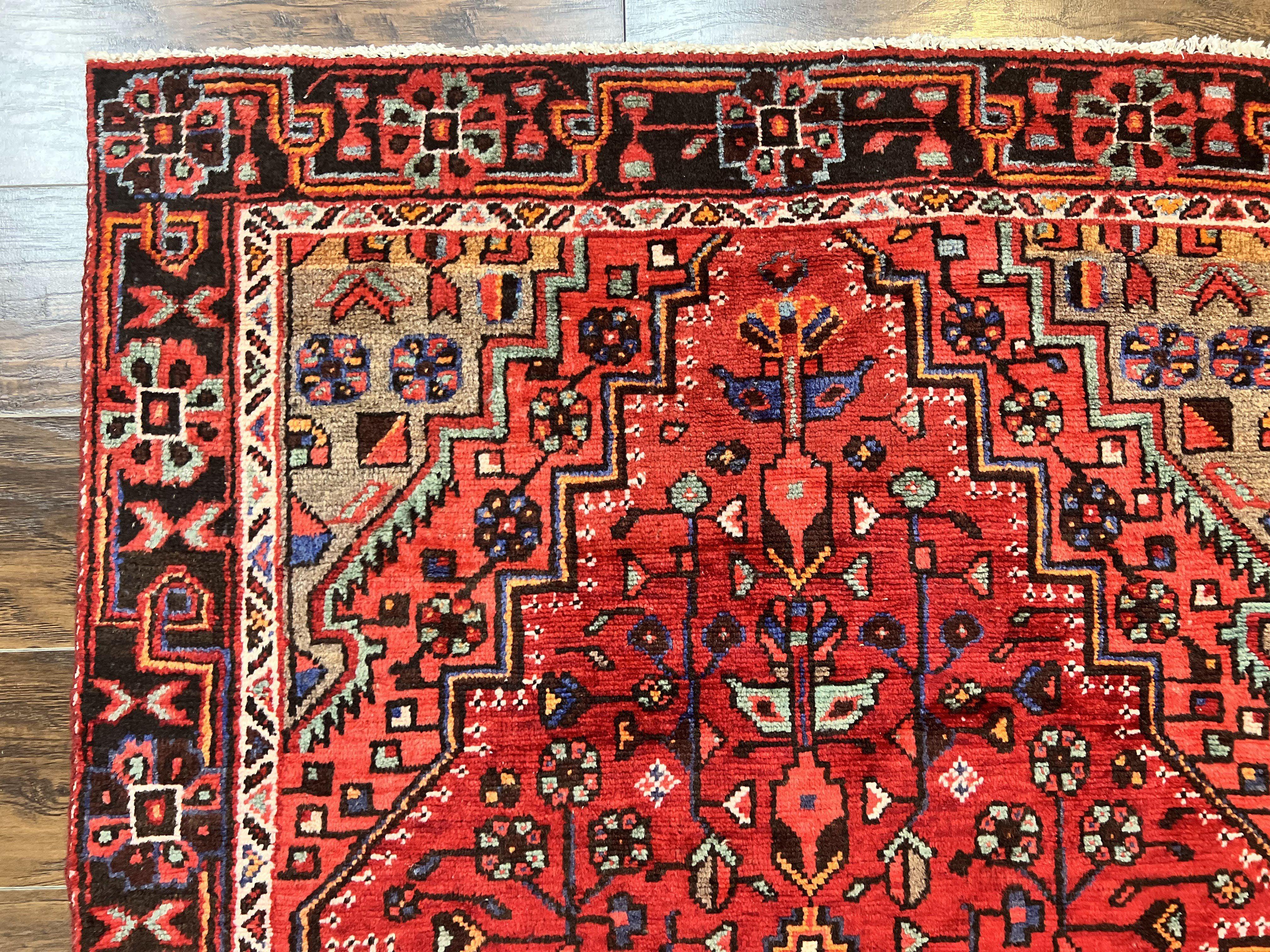 Antique Persian Tribal Rug 4x7, Red, Geometric Medallion, Handmade, Wool, Persian Zanjan Rug