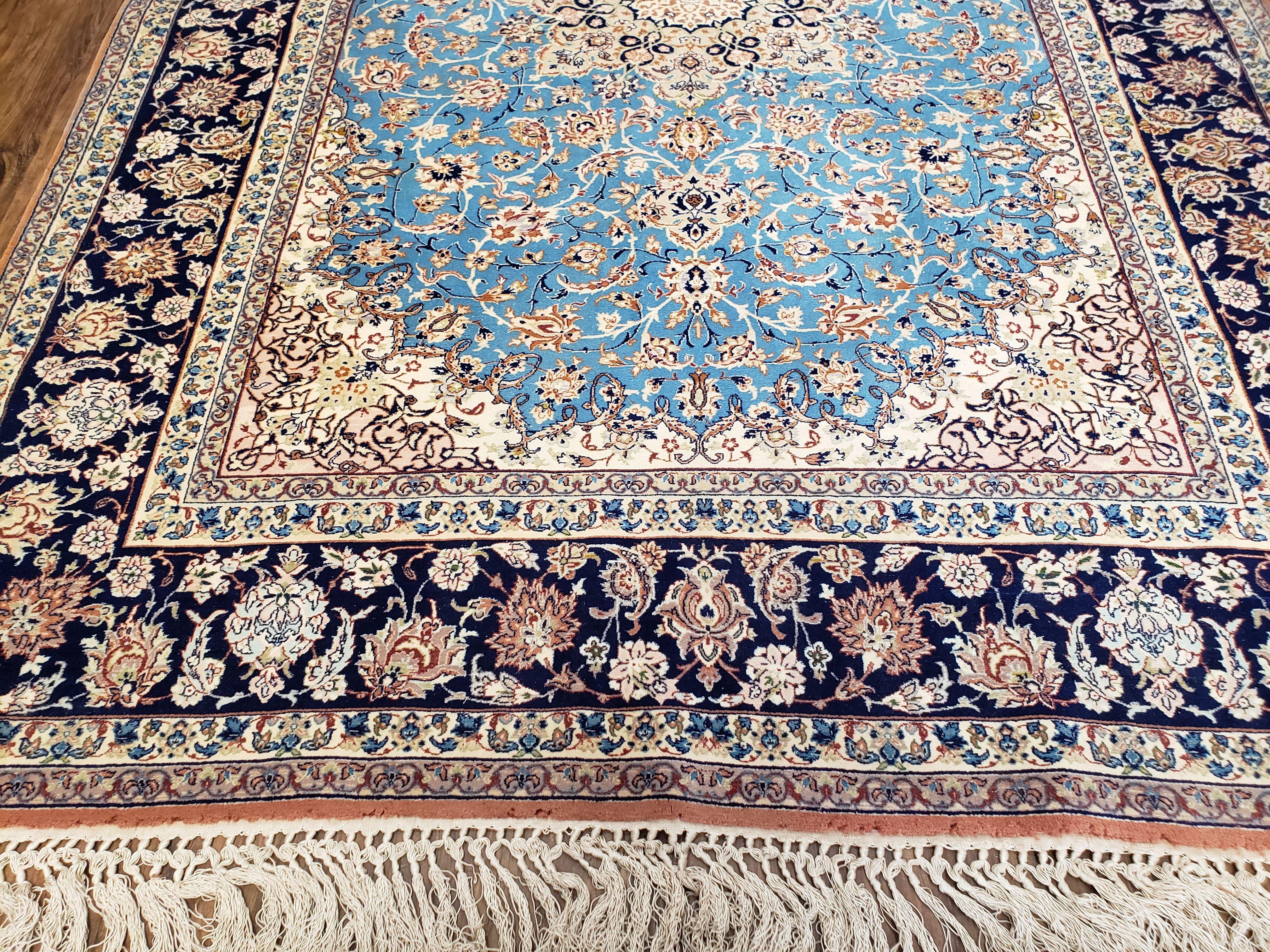 Persian Isfahan Rug, Kork Wool on Silk Foundation, Sky Blue, Hand-Knotted, 5' 1" x 7' 8"