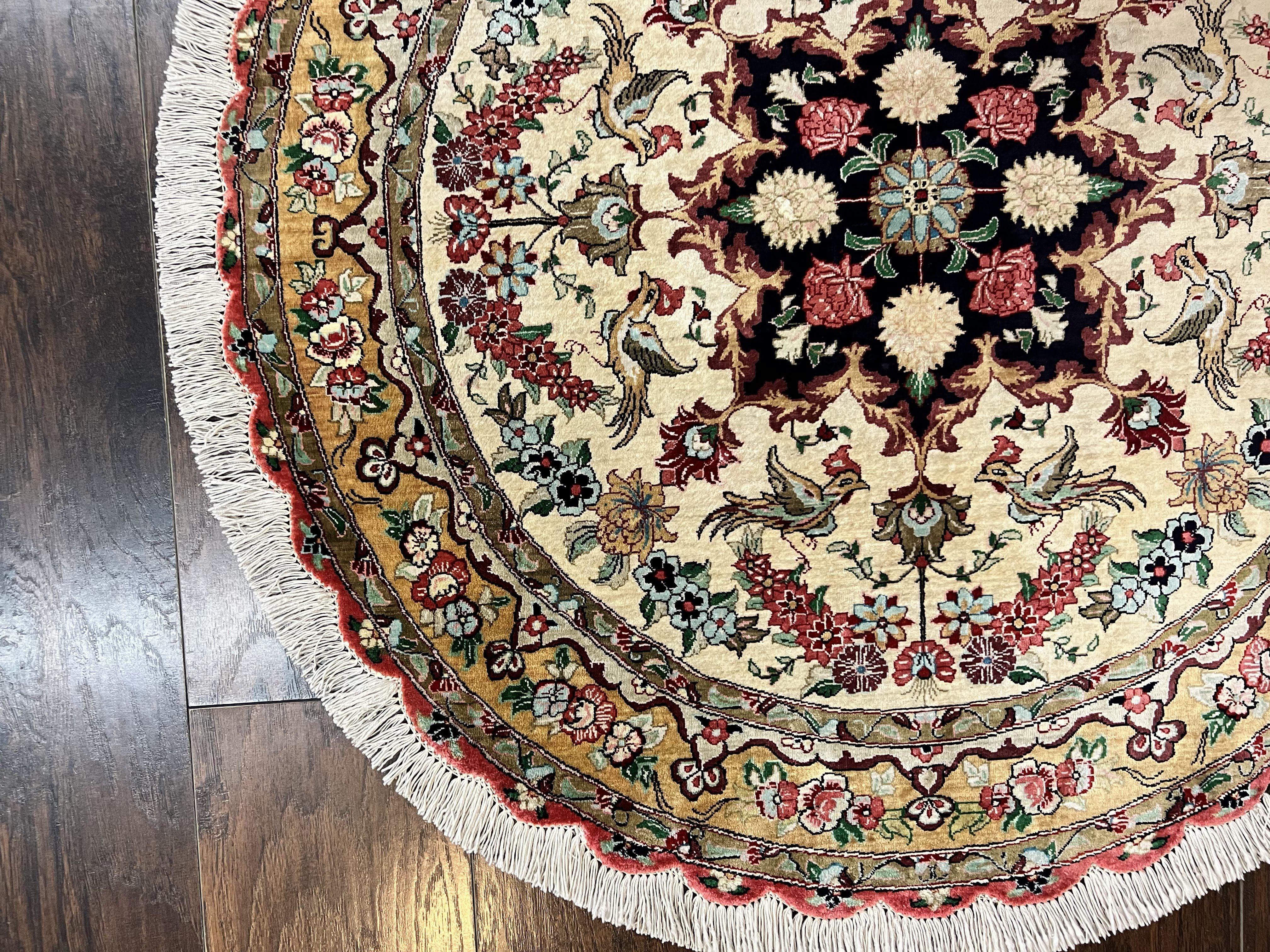 Silk Persian Tabriz Round Rug 3x3 ft, Very Fine Hand Knotted Carpet 380 KPSI, Cream & Gold, Bird Pictorials, Floral, Rare